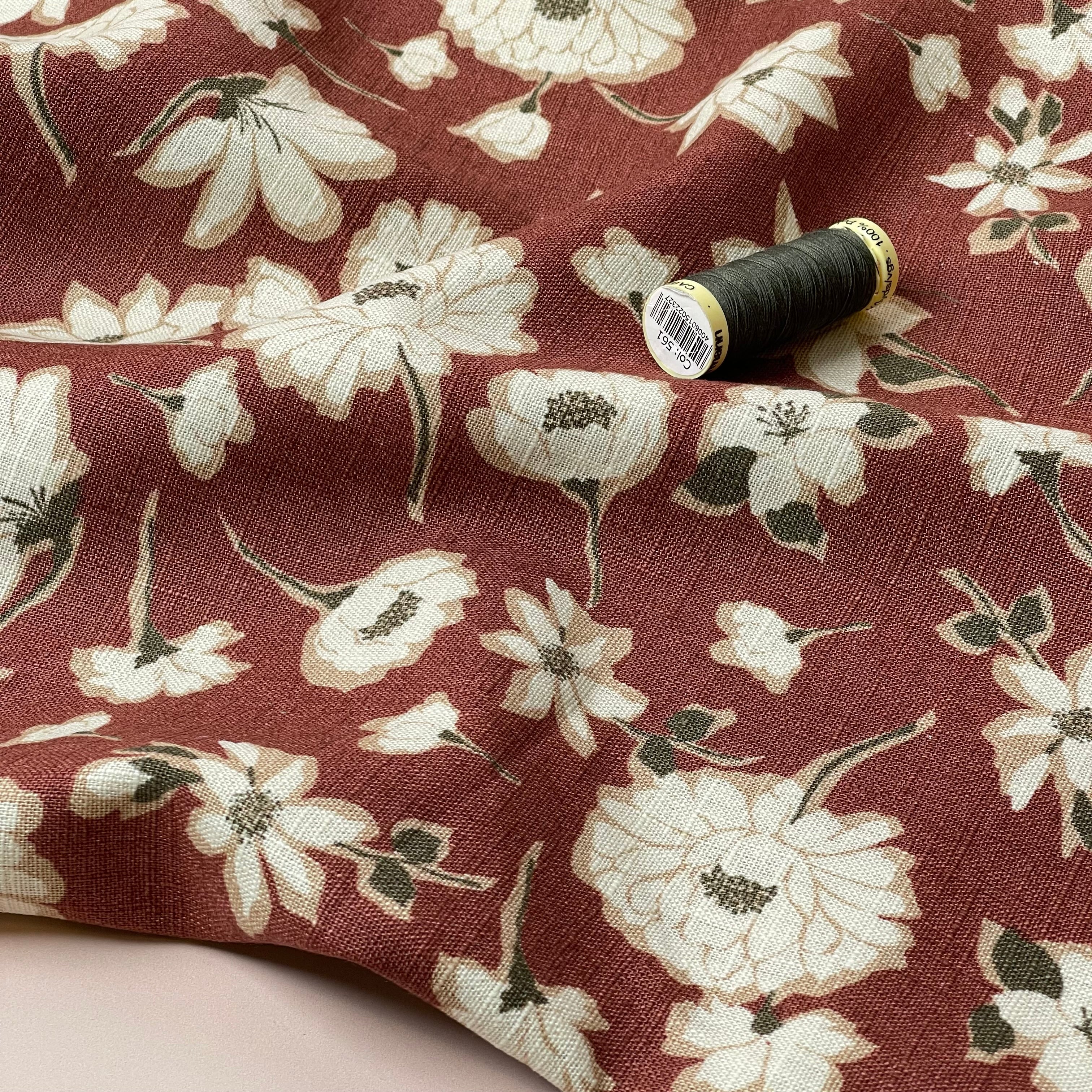 Peonies on Brick Red Washed Linen Cotton Blend Fabric