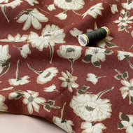 Peonies on Brick Red Washed Linen Cotton Blend Fabric