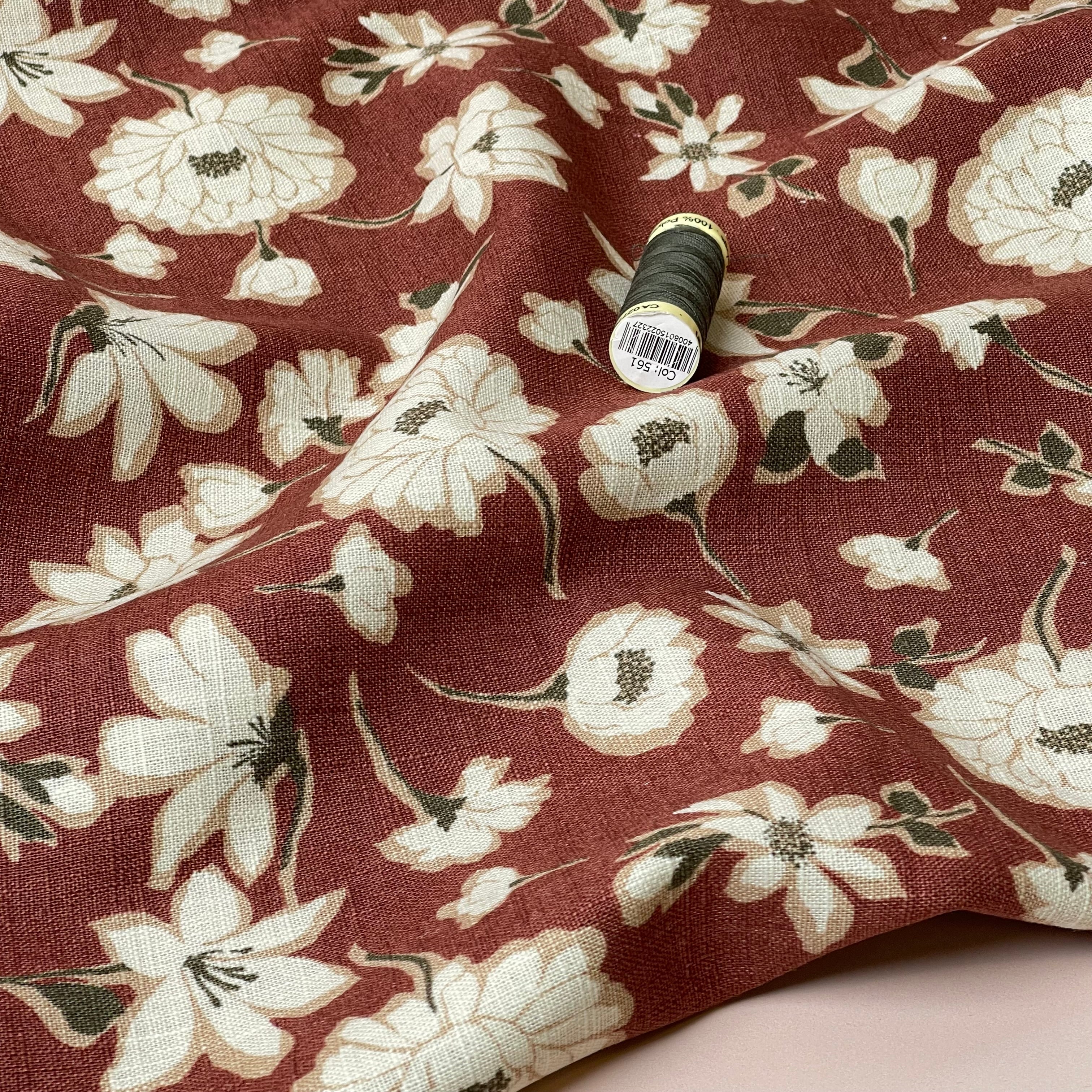 Peonies on Brick Red Washed Linen Cotton Blend Fabric