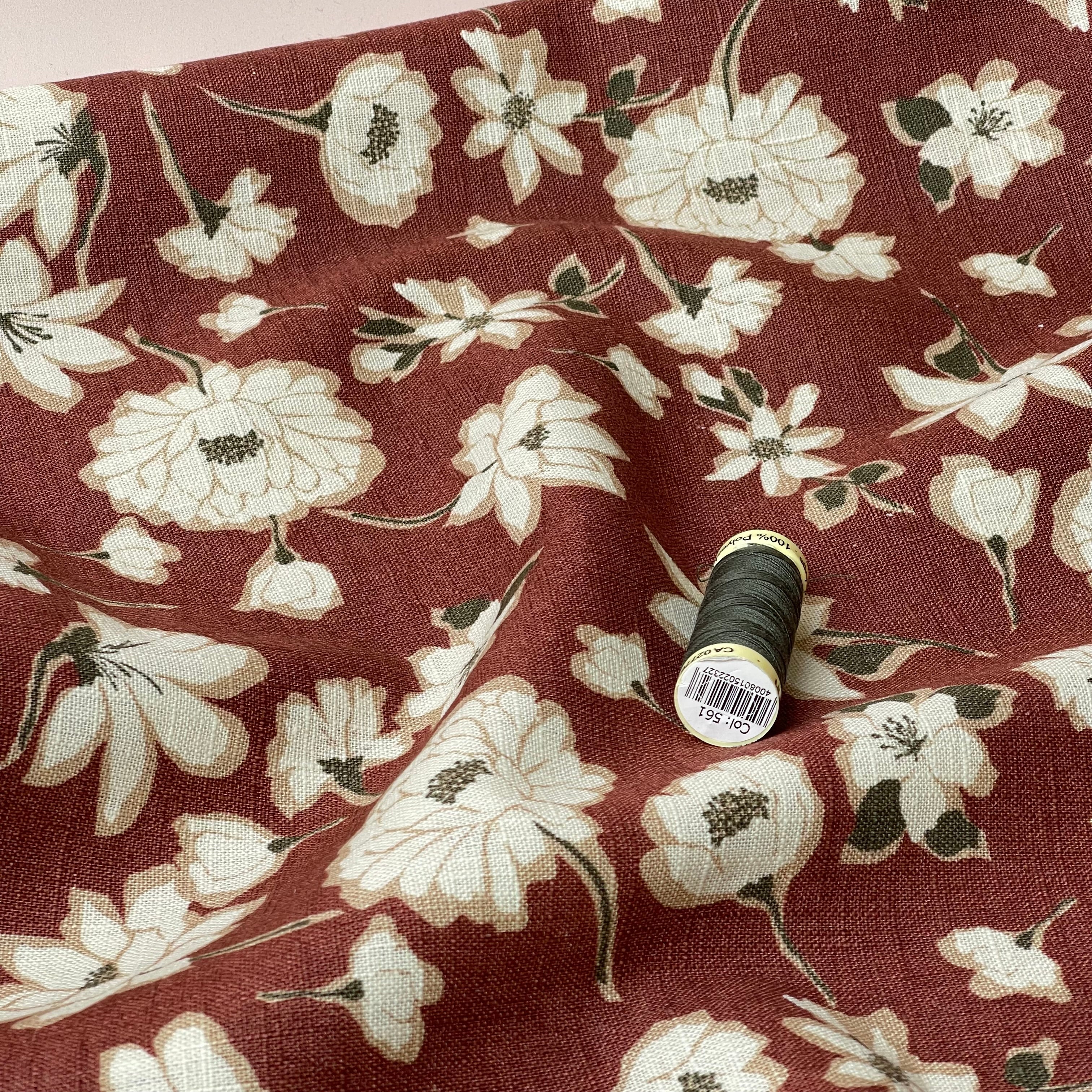 Peonies on Brick Red Washed Linen Cotton Blend Fabric