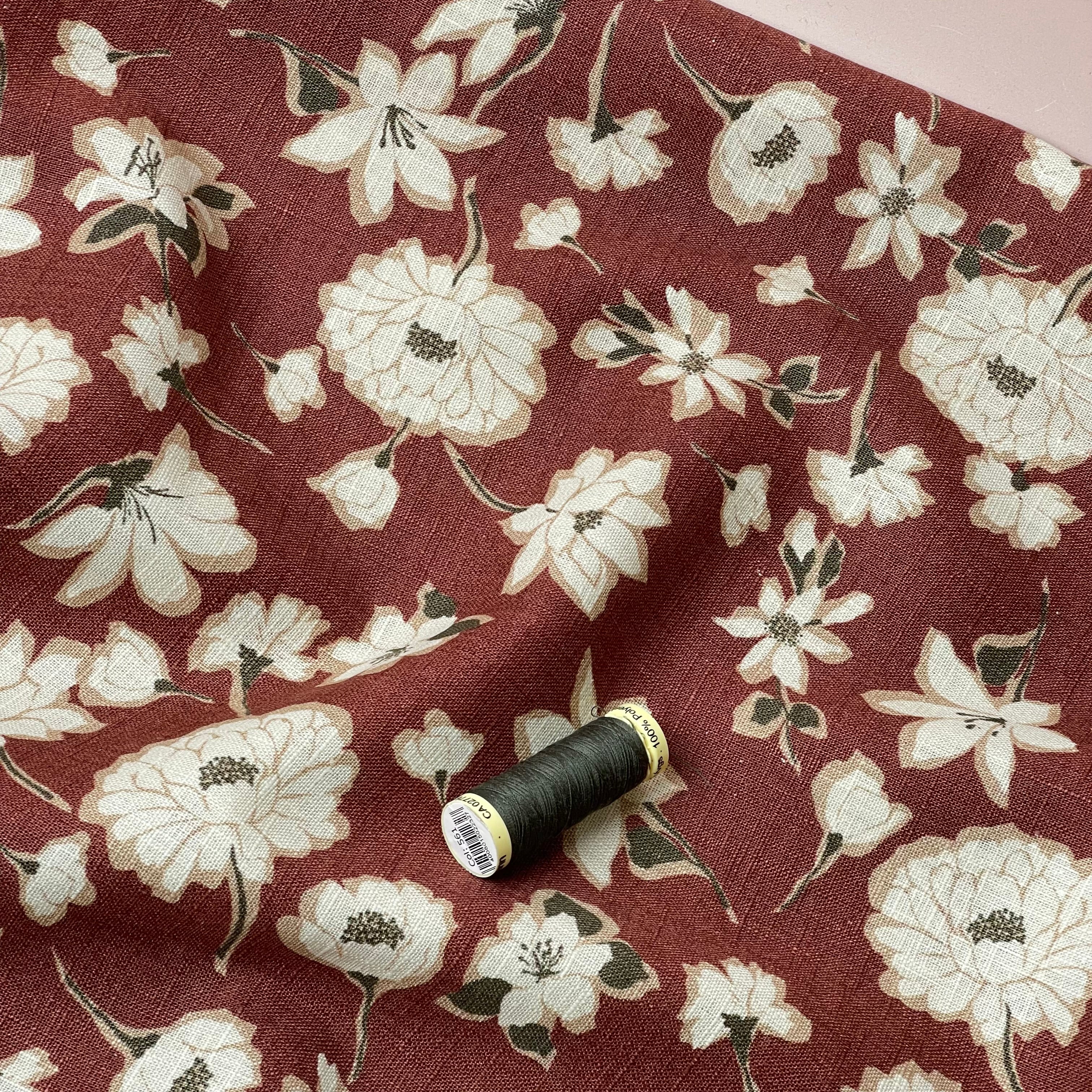 Peonies on Brick Red Washed Linen Cotton Blend Fabric