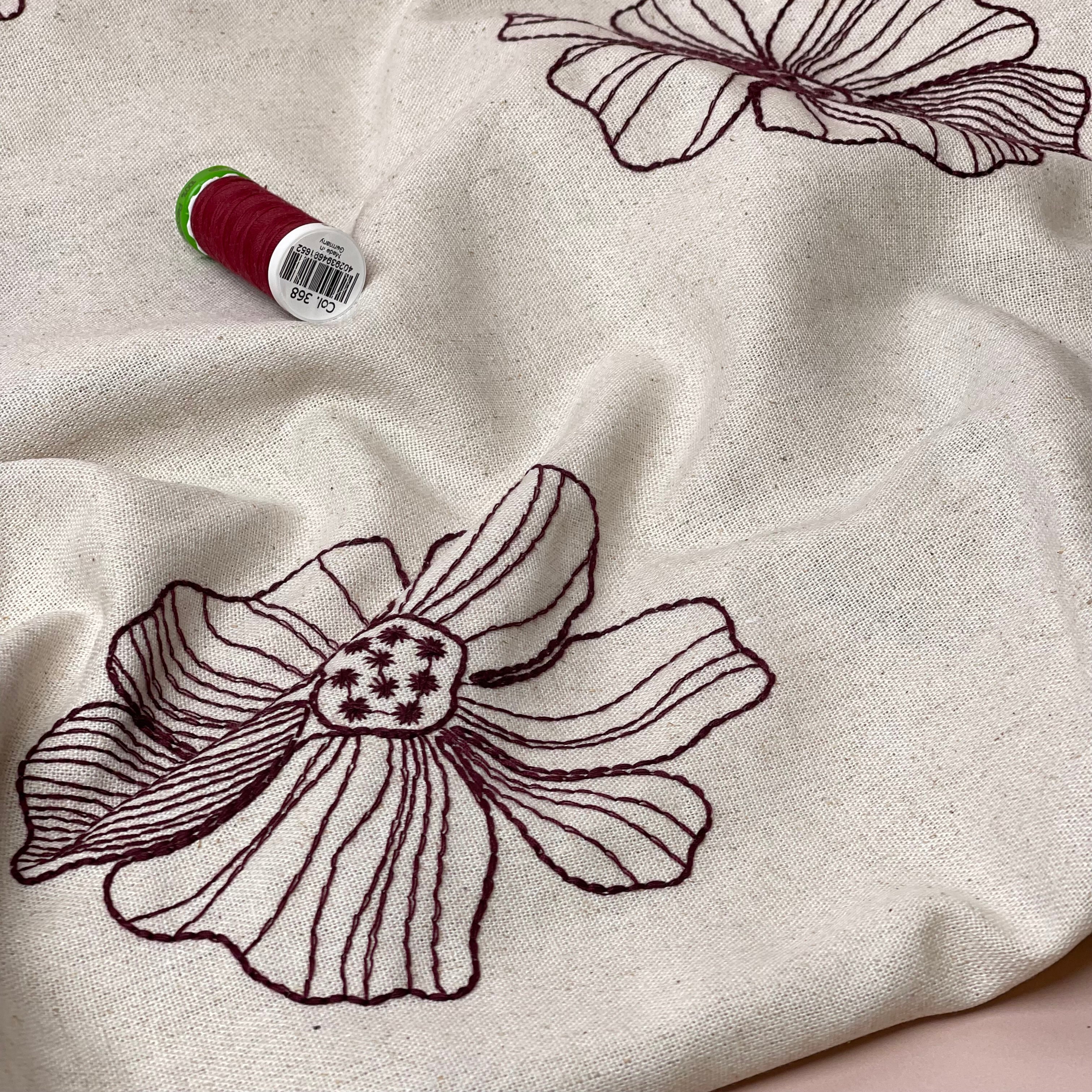 Embroidered Burgundy Flowers on Natural Linen Viscose Blend Fabric
