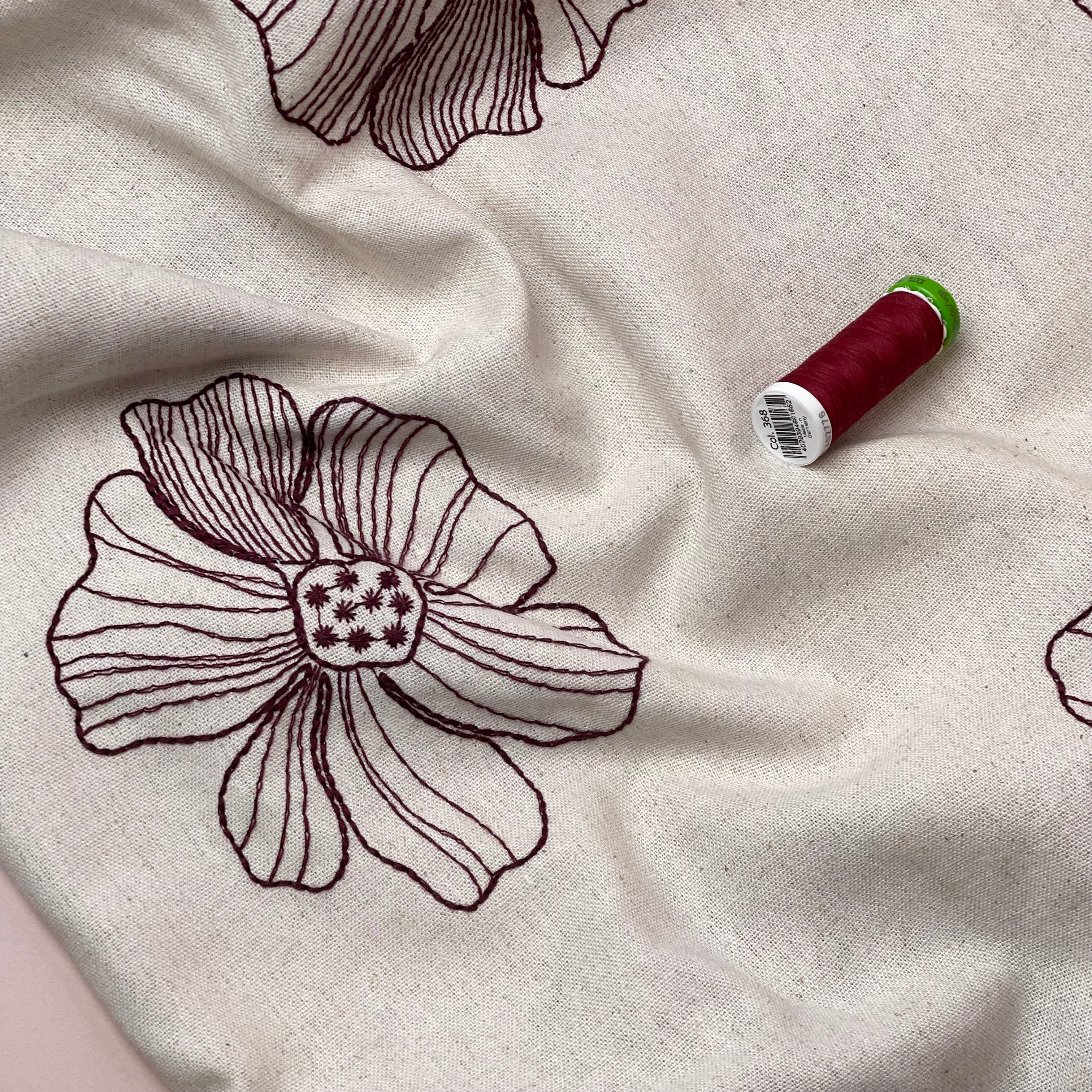 Embroidered Burgundy Flowers on Natural Linen Viscose Blend Fabric