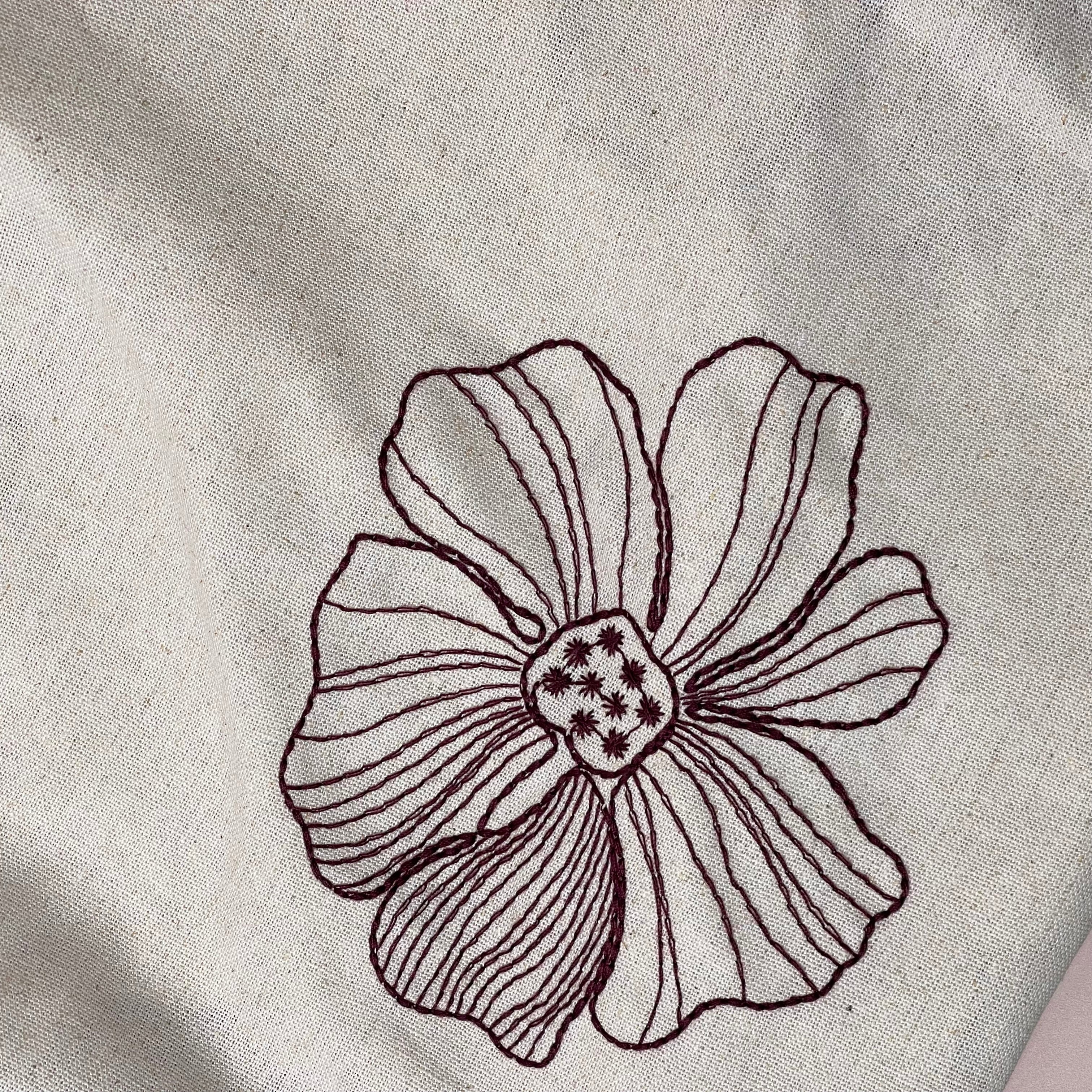 Embroidered Burgundy Flowers on Natural Linen Viscose Blend Fabric