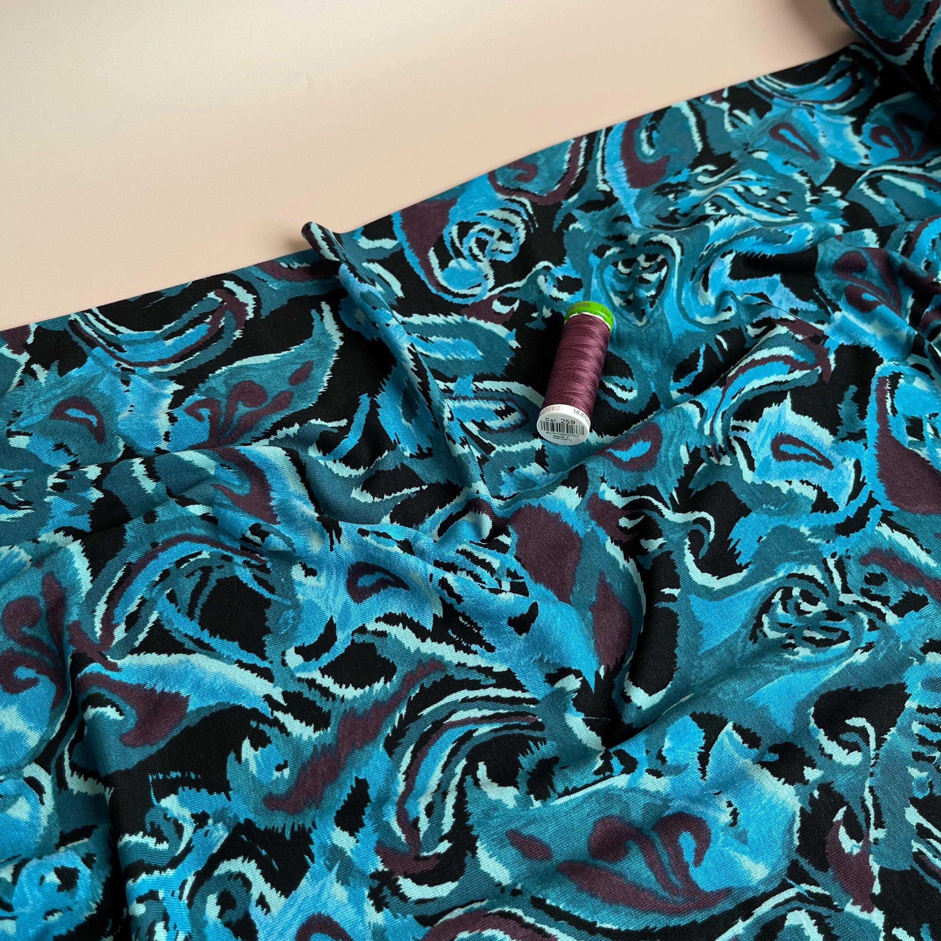 Abstract Paisley in Petrol De Luxe Viscose Jersey Fabric