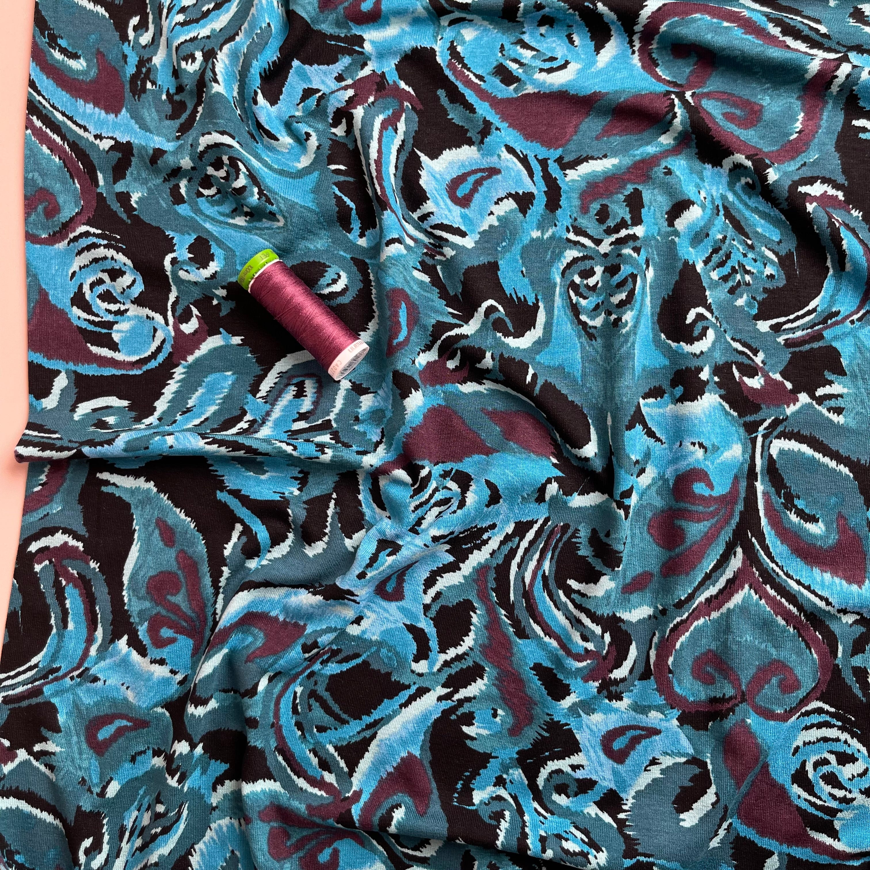 Abstract Paisley in Petrol De Luxe Viscose Jersey Fabric