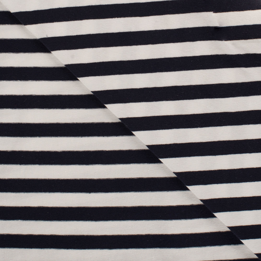 REMNANT 1.95 Metres - Yarn Dyed Navy Breton Stripe Cotton Jersey Fabric