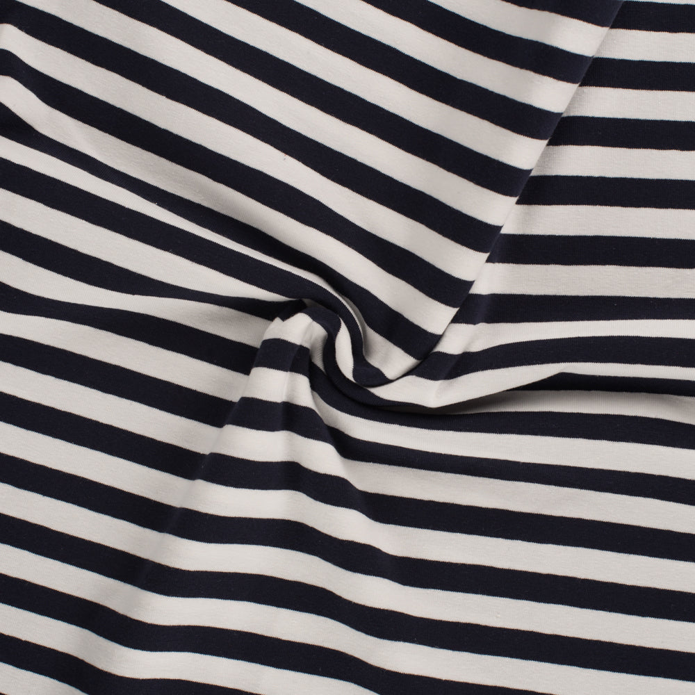 REMNANT 1.95 Metres - Yarn Dyed Navy Breton Stripe Cotton Jersey Fabric