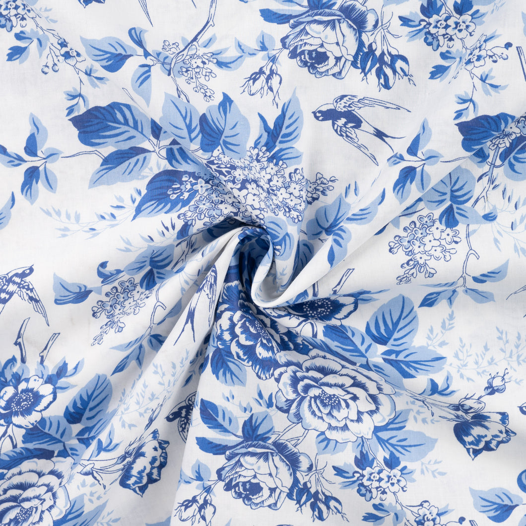 Toile De Jouy Birds in Dusty Blue Cotton Poplin