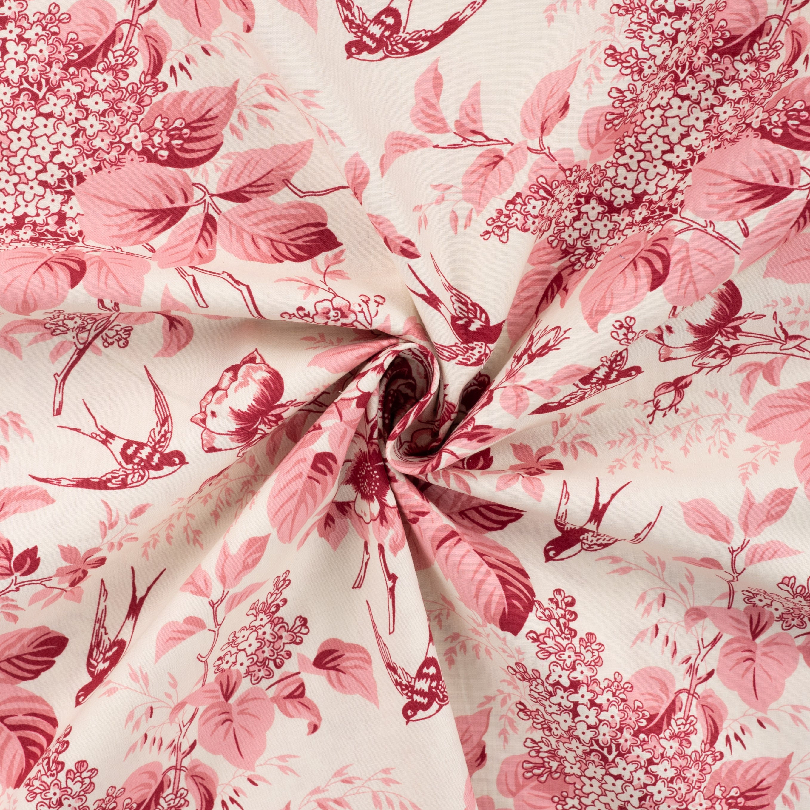 Toile De Jouy Birds in Pink Cotton Poplin