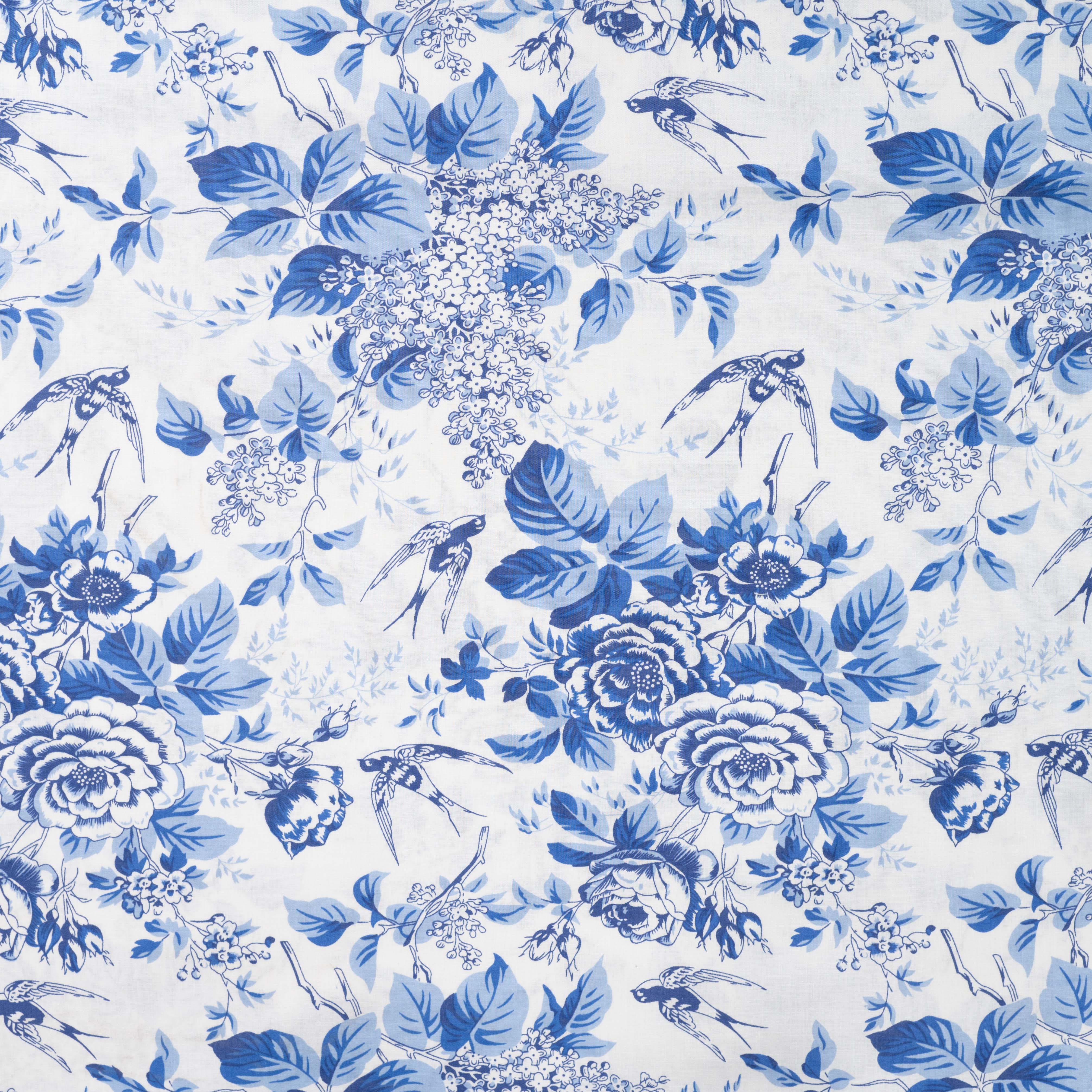 Toile De Jouy Birds in Dusty Blue Cotton Poplin