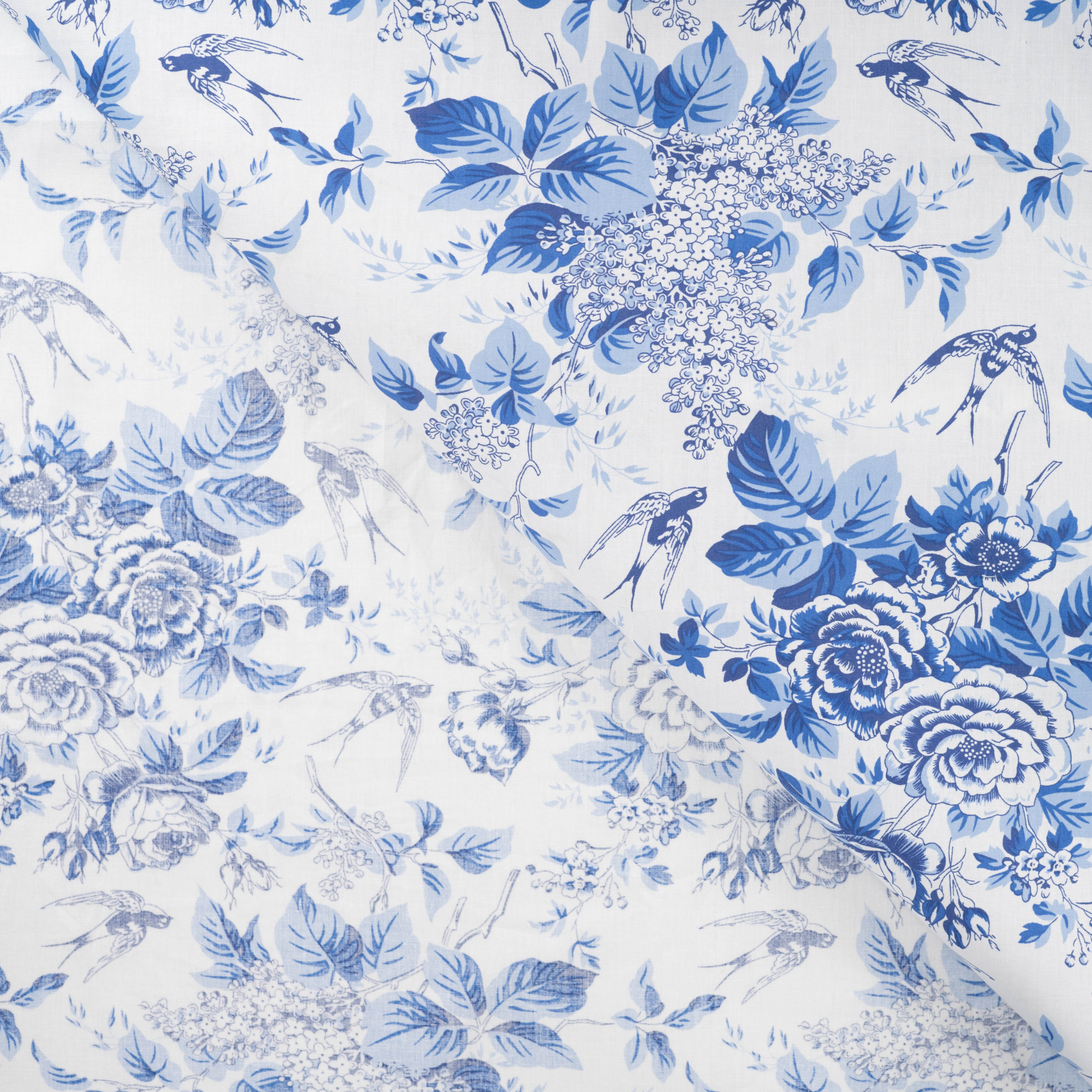 Toile De Jouy Birds in Dusty Blue Cotton Poplin