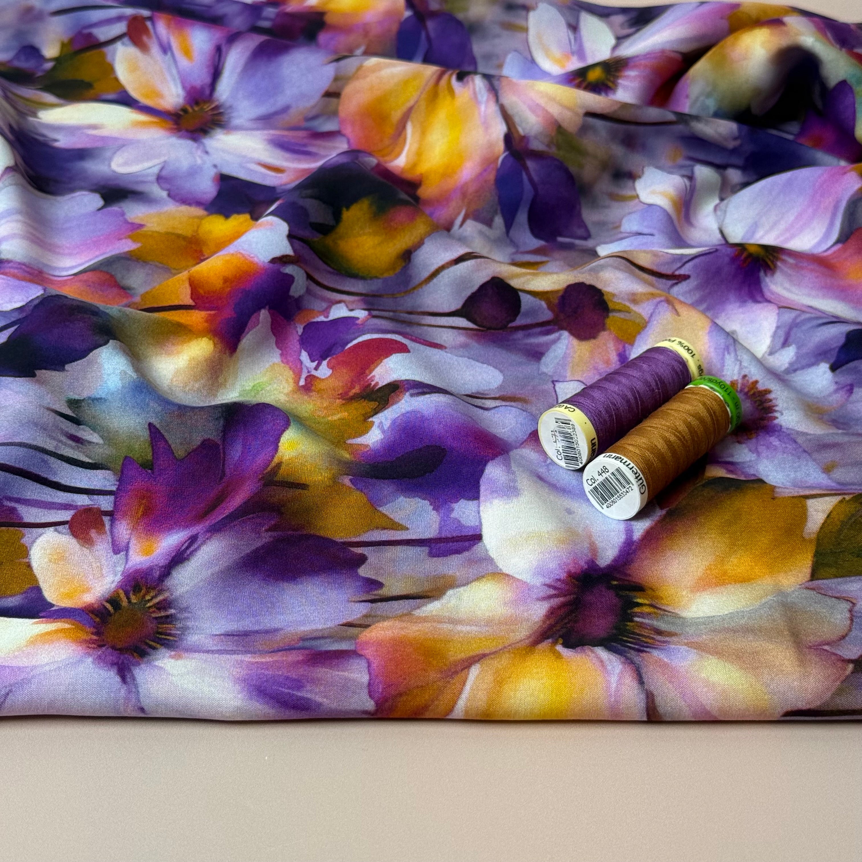 Painted Flower Field Lilac Viscose Poplin Fabric