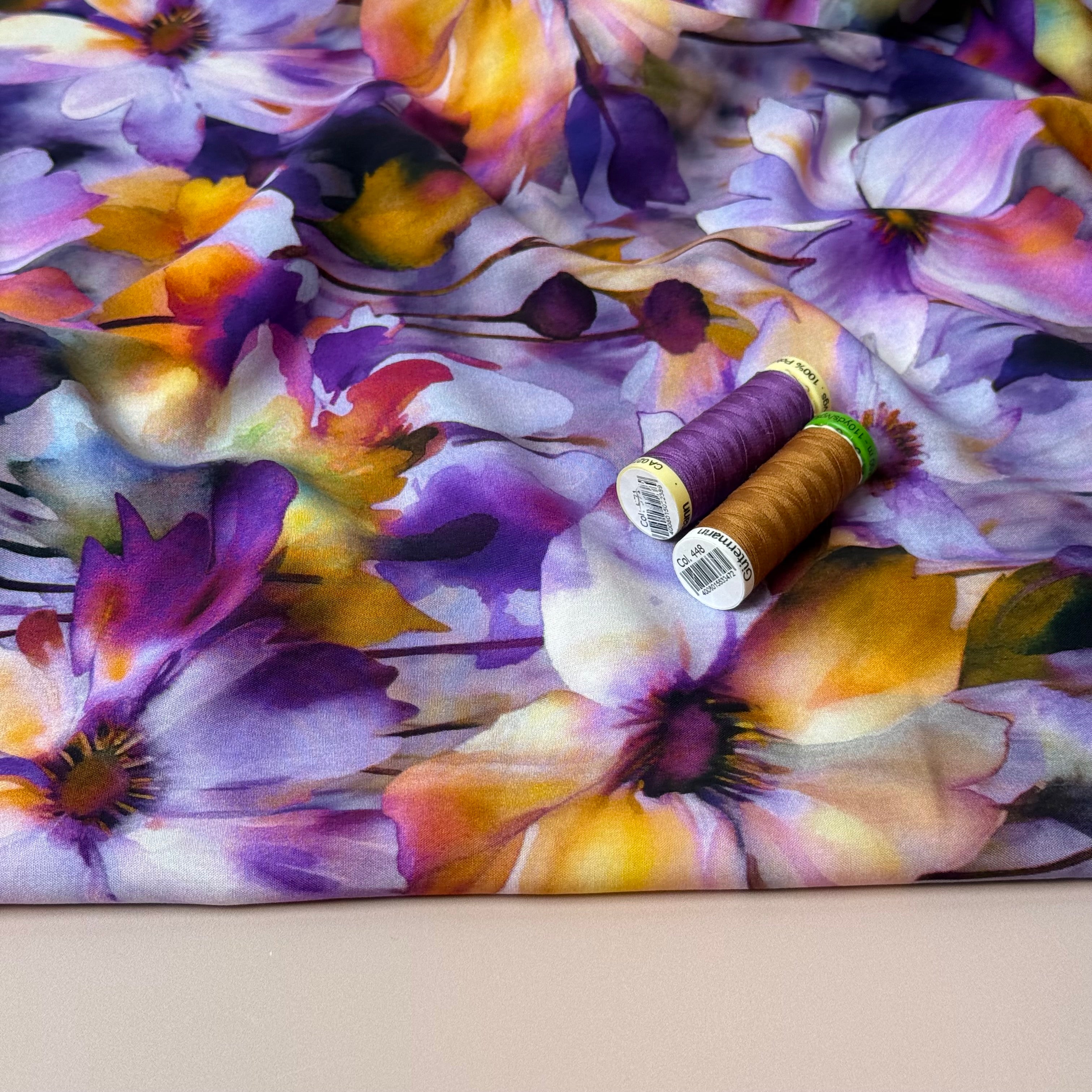 Painted Flower Field Lilac Viscose Poplin Fabric