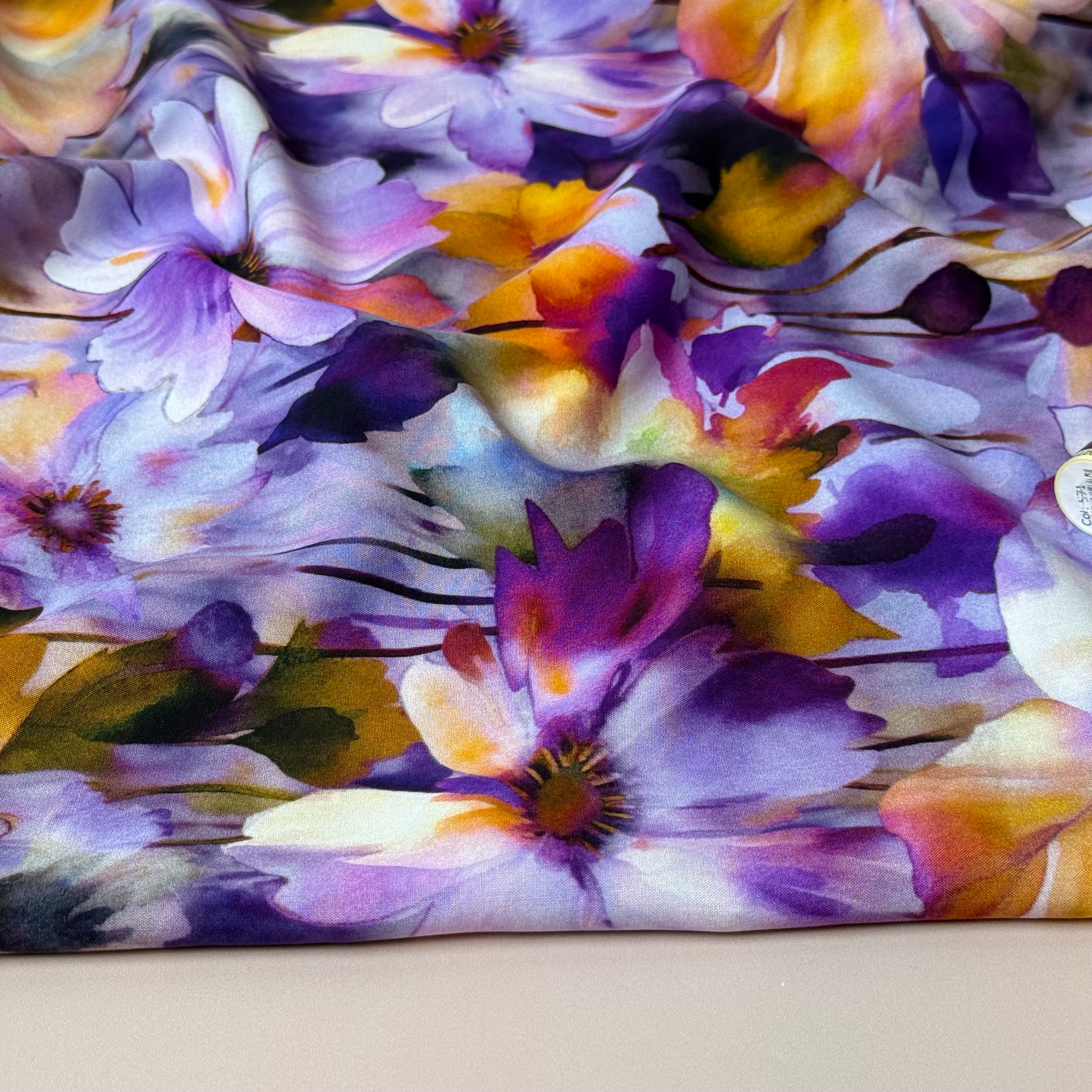 Painted Flower Field Lilac Viscose Poplin Fabric