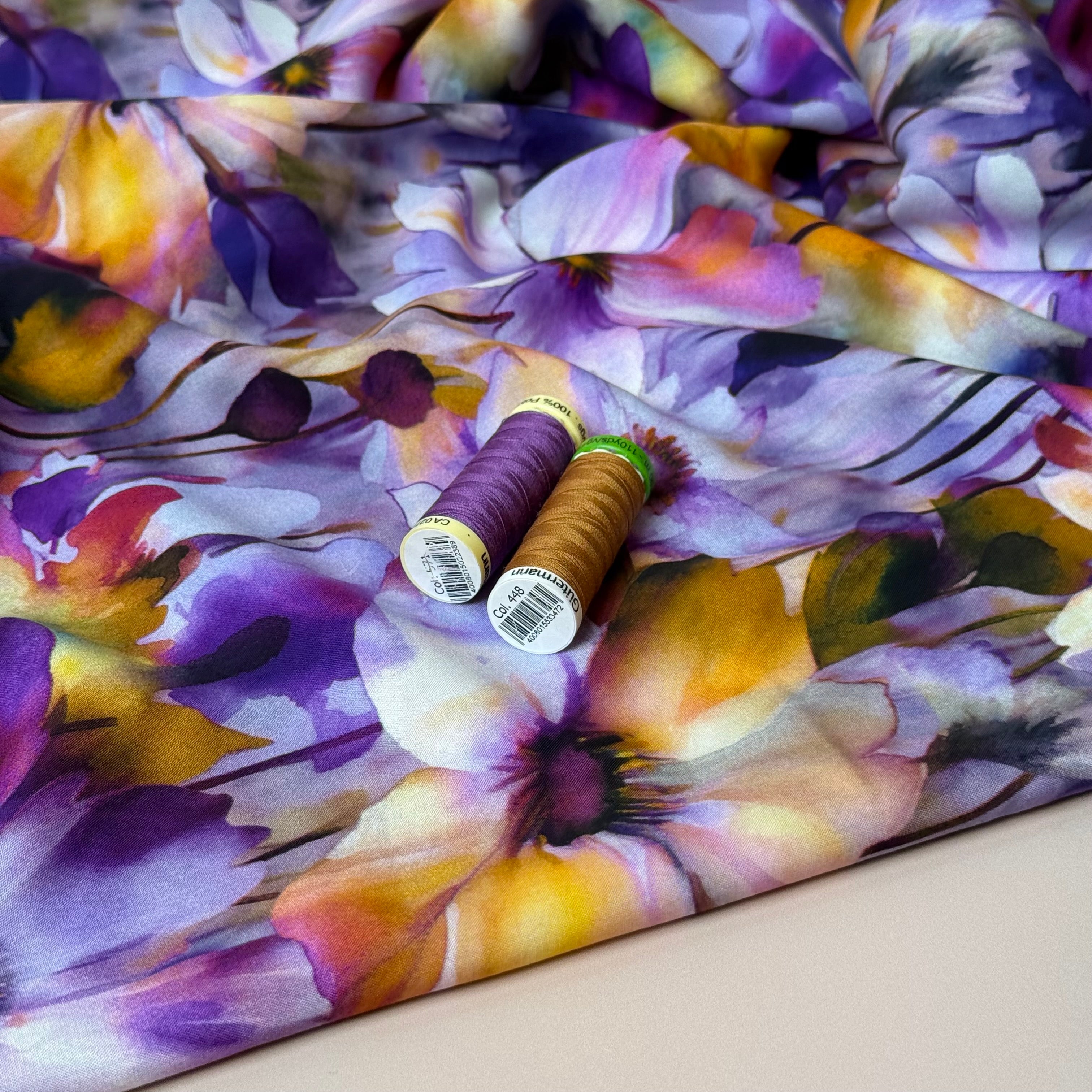 Painted Flower Field Lilac Viscose Poplin Fabric