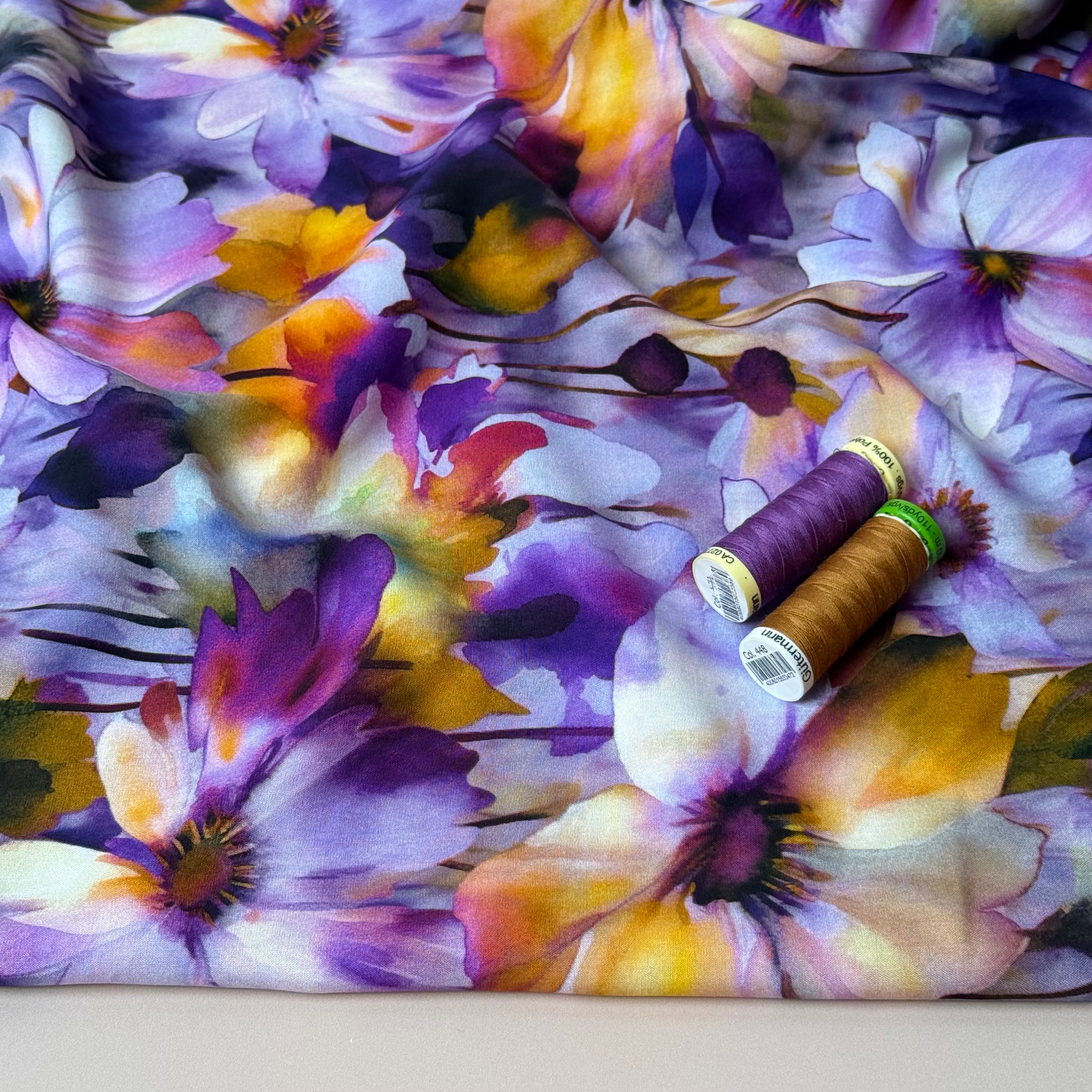 Painted Flower Field Lilac Viscose Poplin Fabric