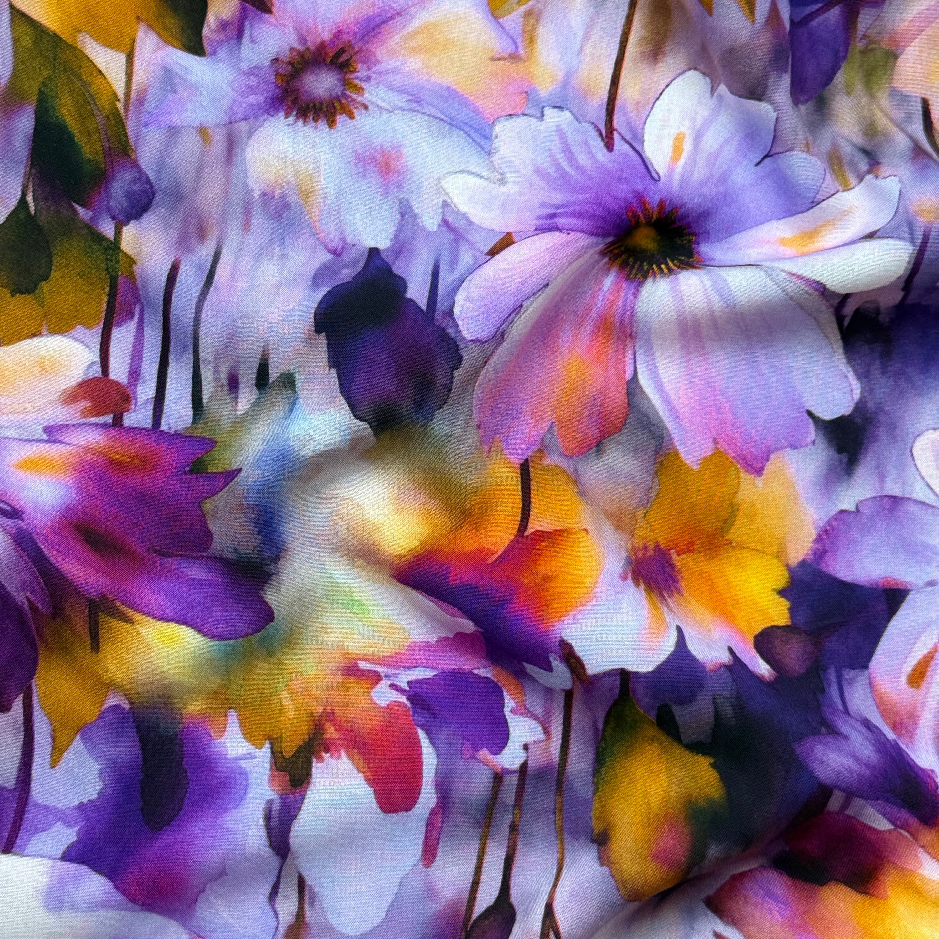 Painted Flower Field Lilac Viscose Poplin Fabric