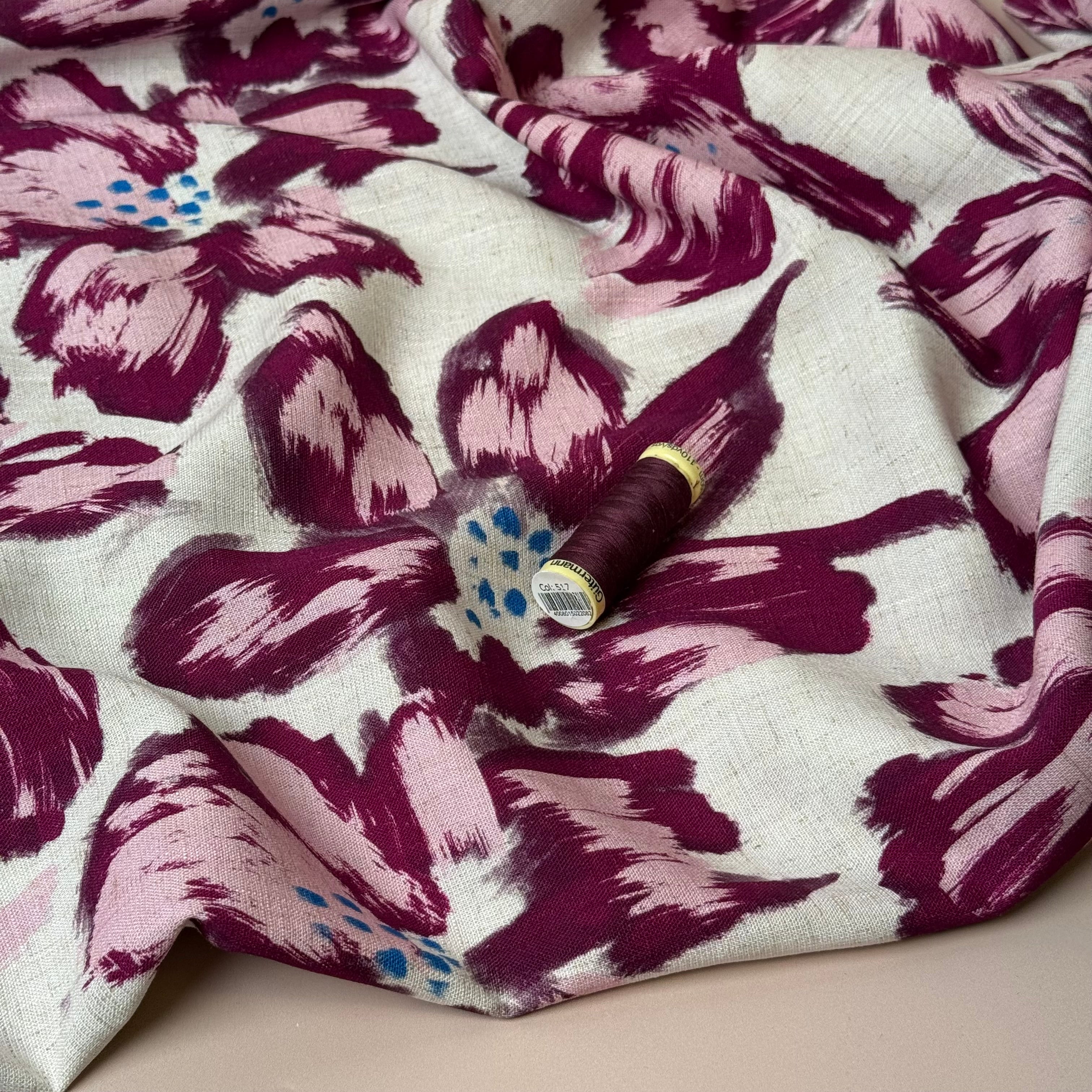 Painted Flowers Burgundy Viscose Linen Fabric