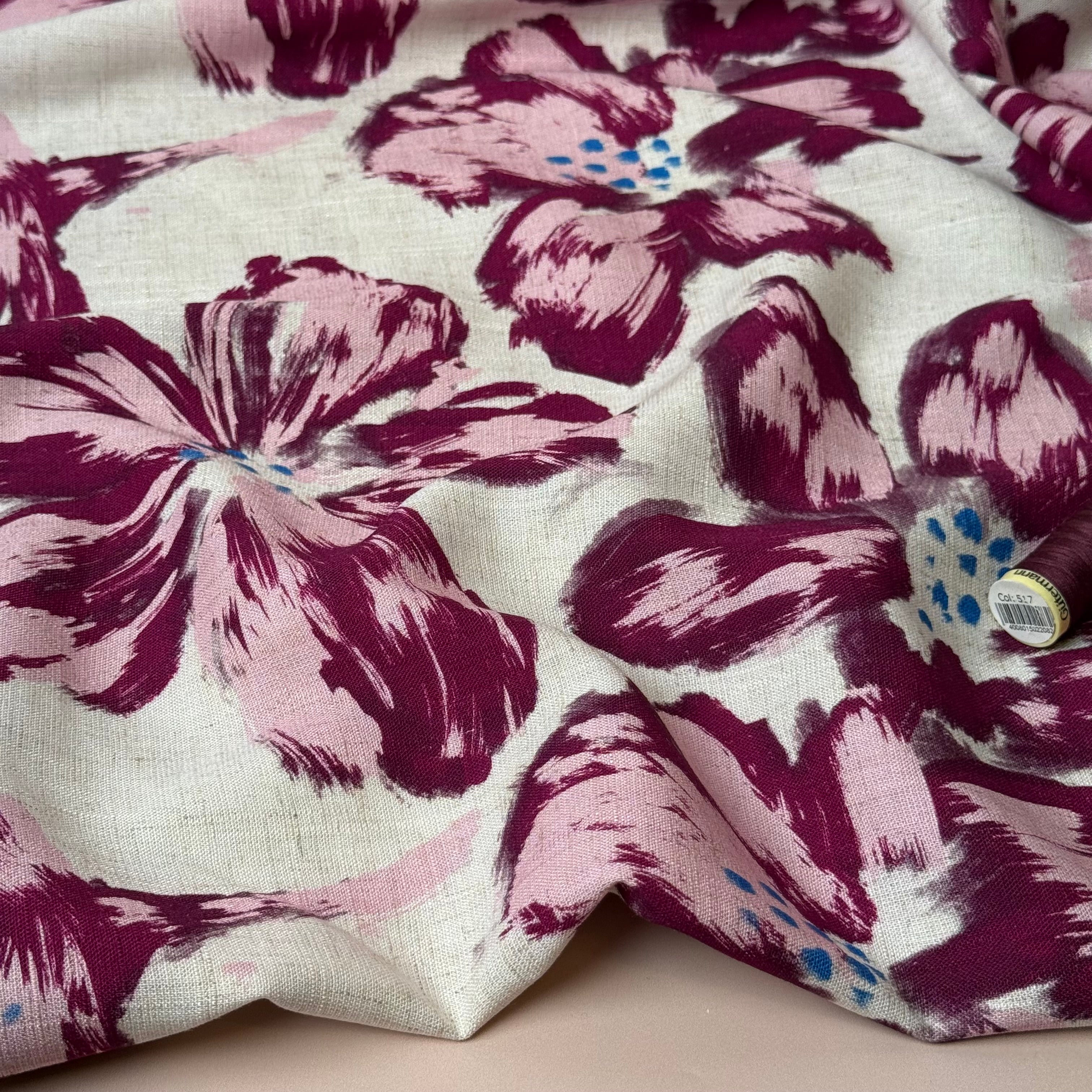 Painted Flowers Burgundy Viscose Linen Fabric