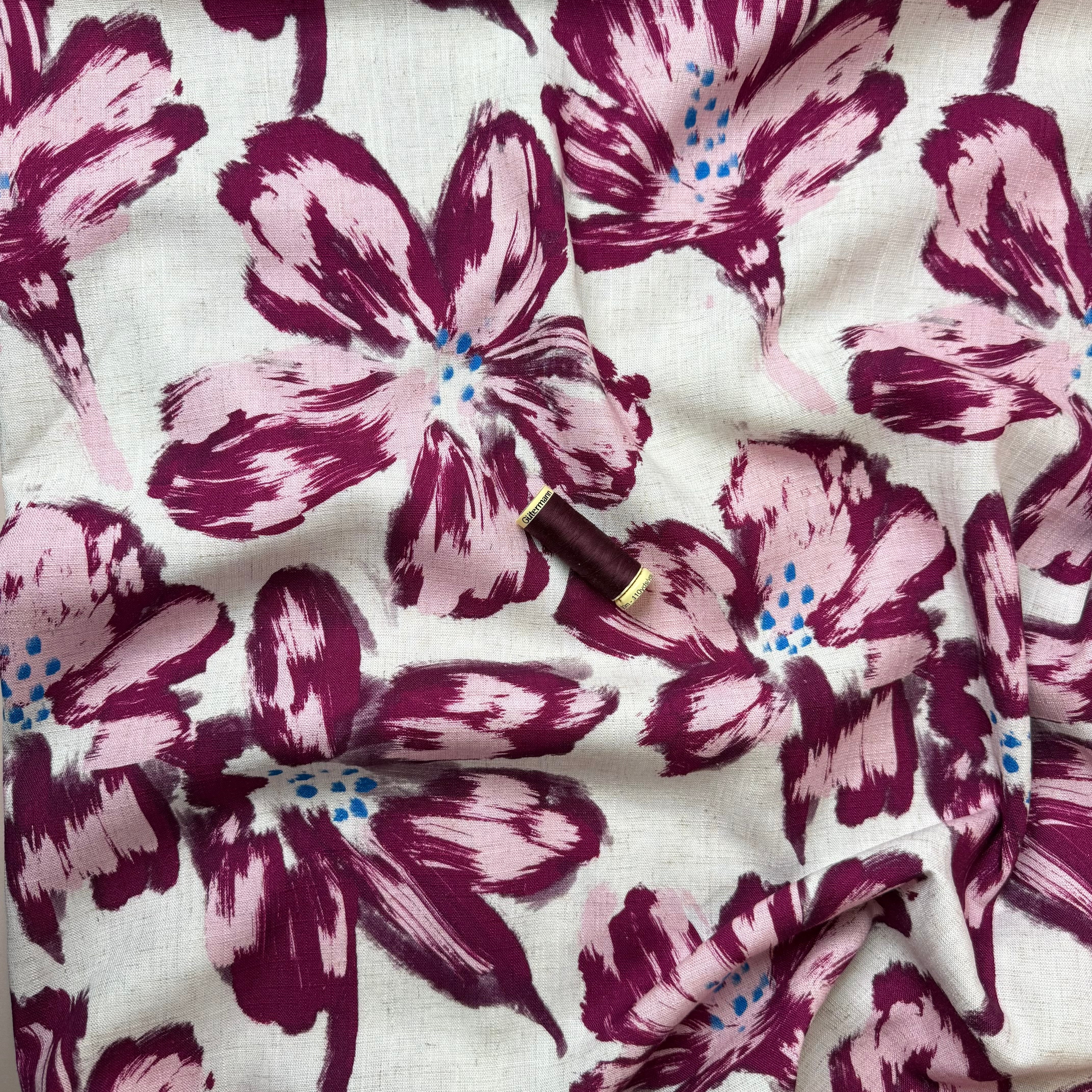 Painted Flowers Burgundy Viscose Linen Fabric