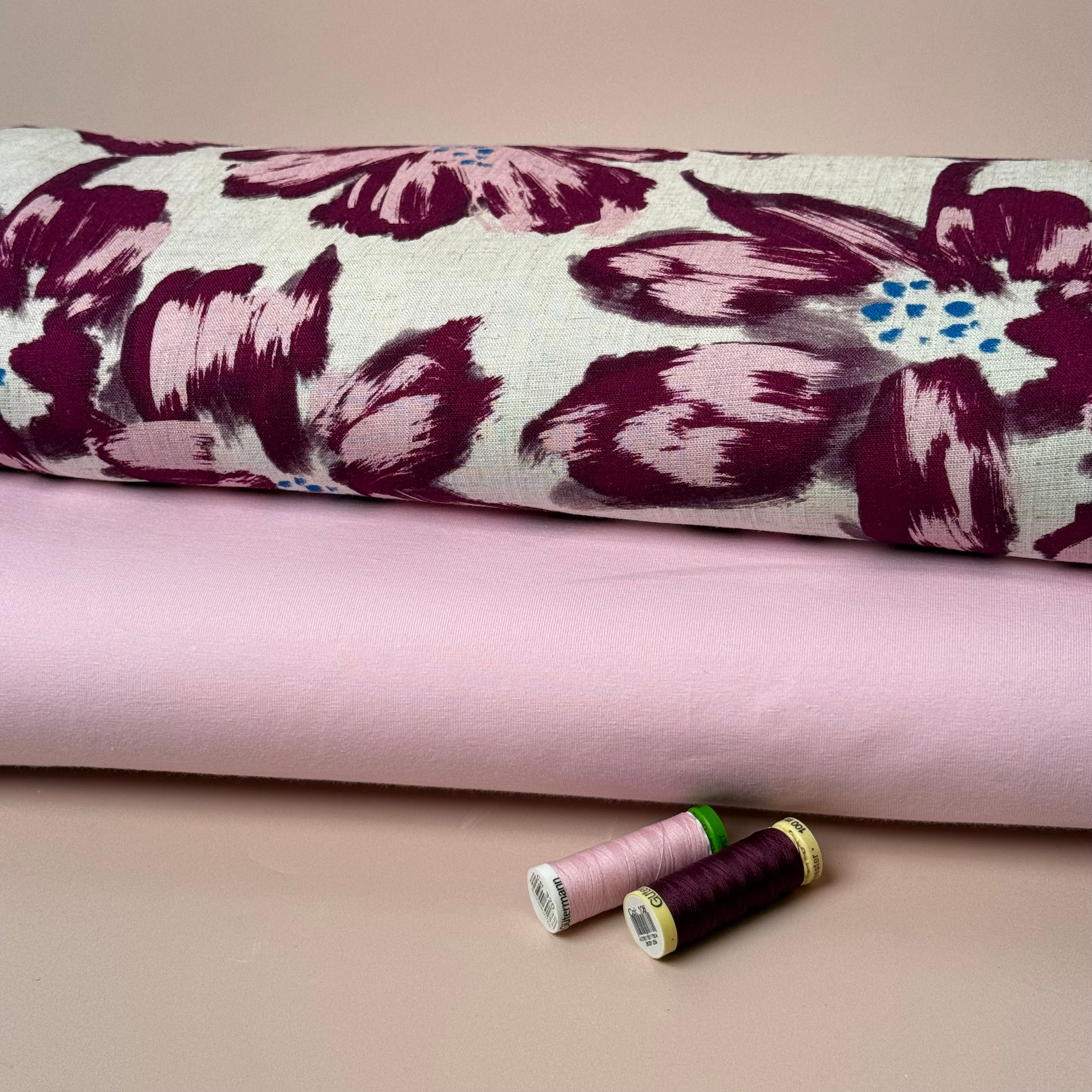 Painted Flowers Burgundy Viscose Linen Fabric