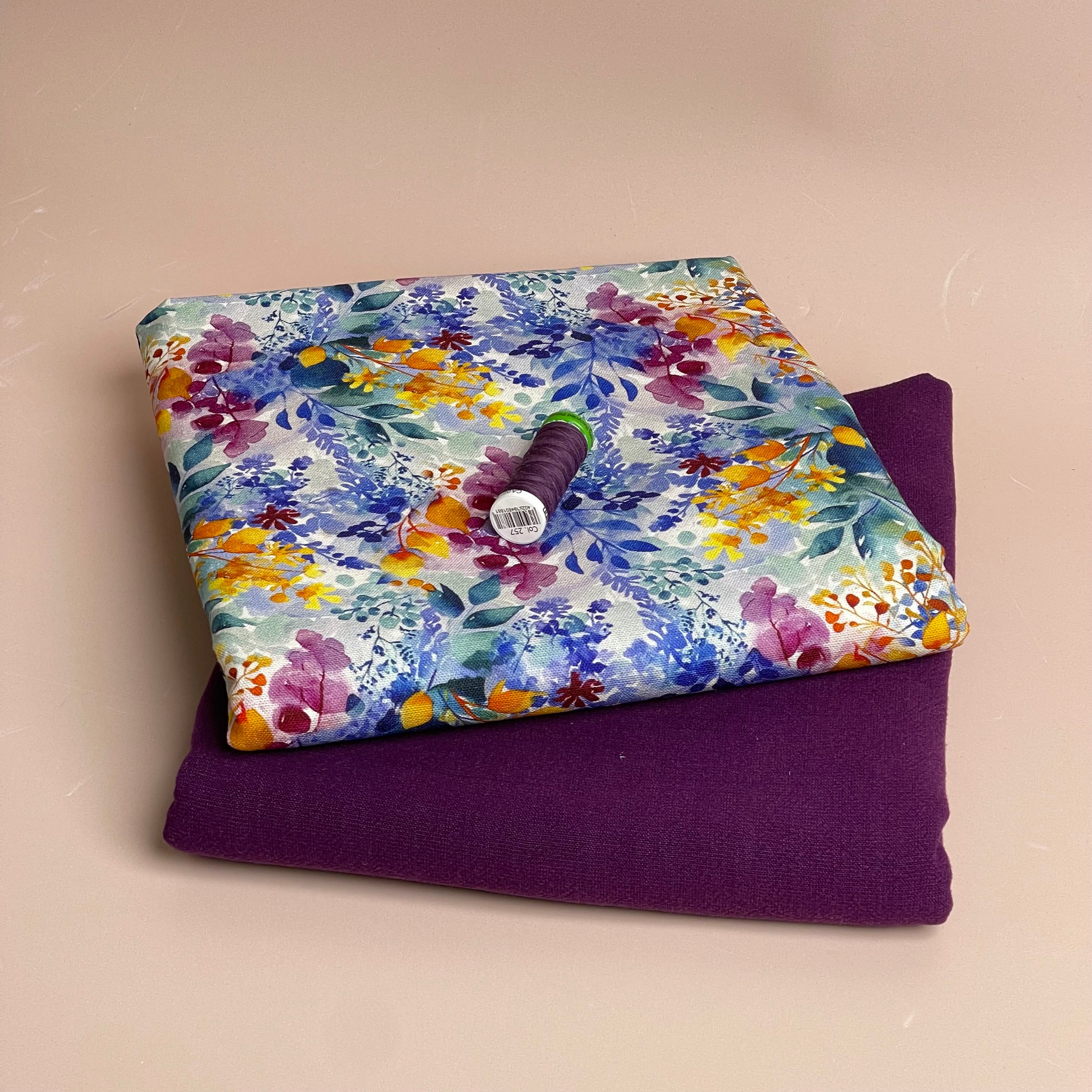 Make an Outfit Colour Bundle - Painted Petals Viscose Linen with Purple Flow Linen Blend