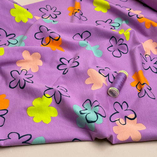 Flower Stamps on Lilac Cotton Jersey Fabric