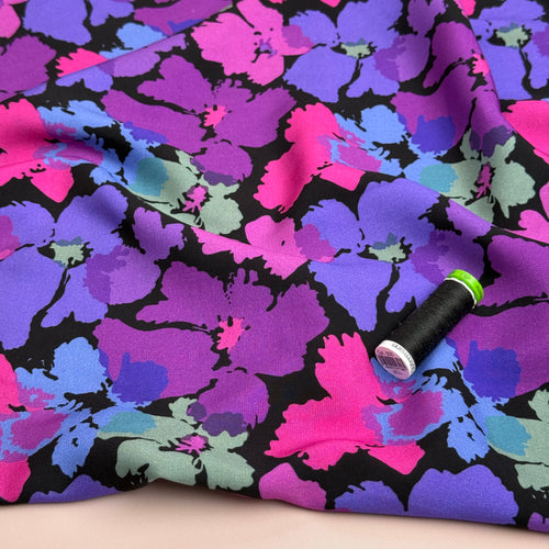 Pansies Purple Viscose Fabric