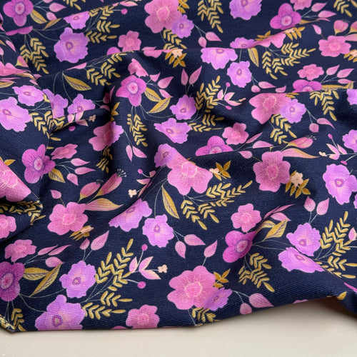 REMNANT 1 Metre - Pink Flowers on Navy Cotton Needlecord