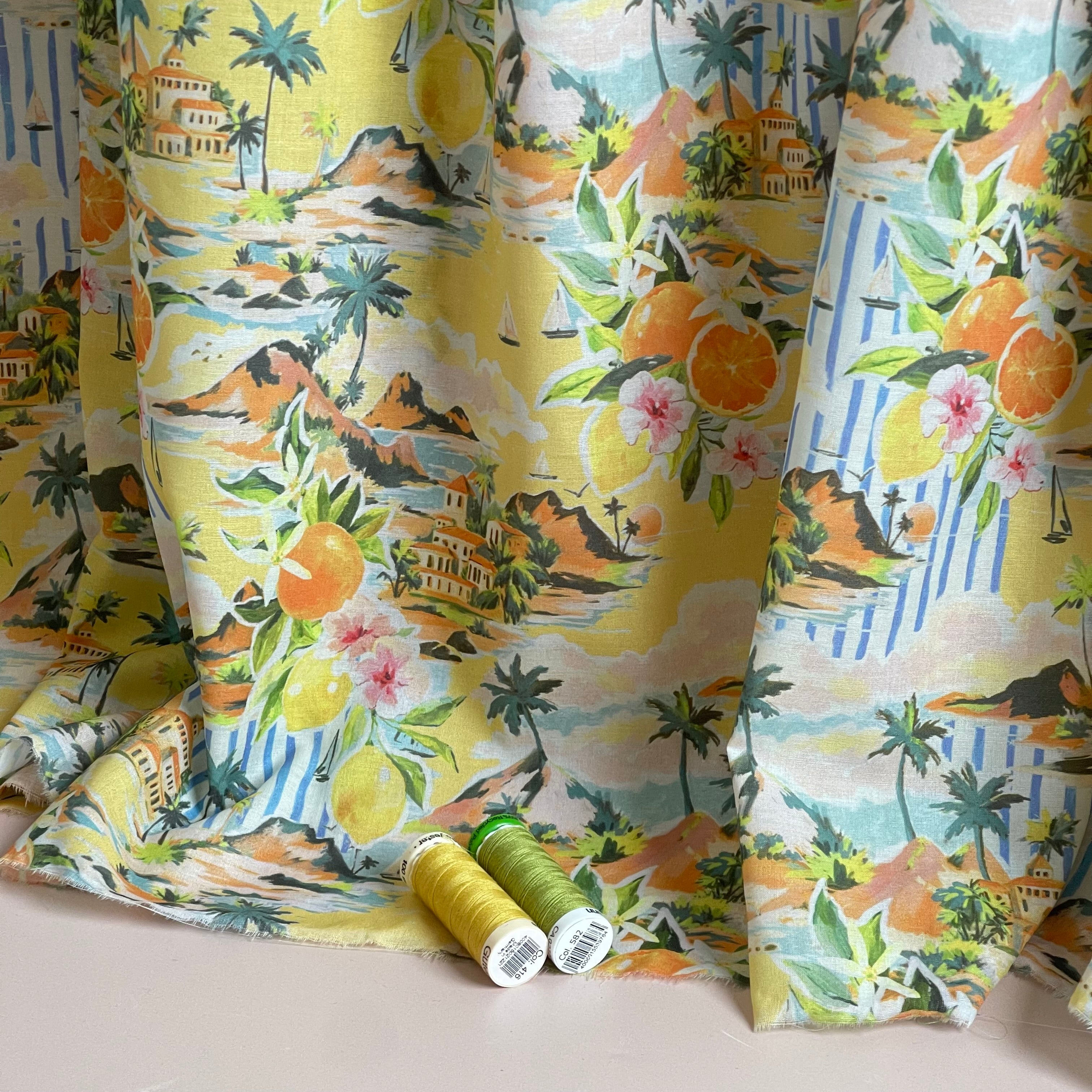 Mediterranean Landscape Yellow Cotton Voile Fabric
