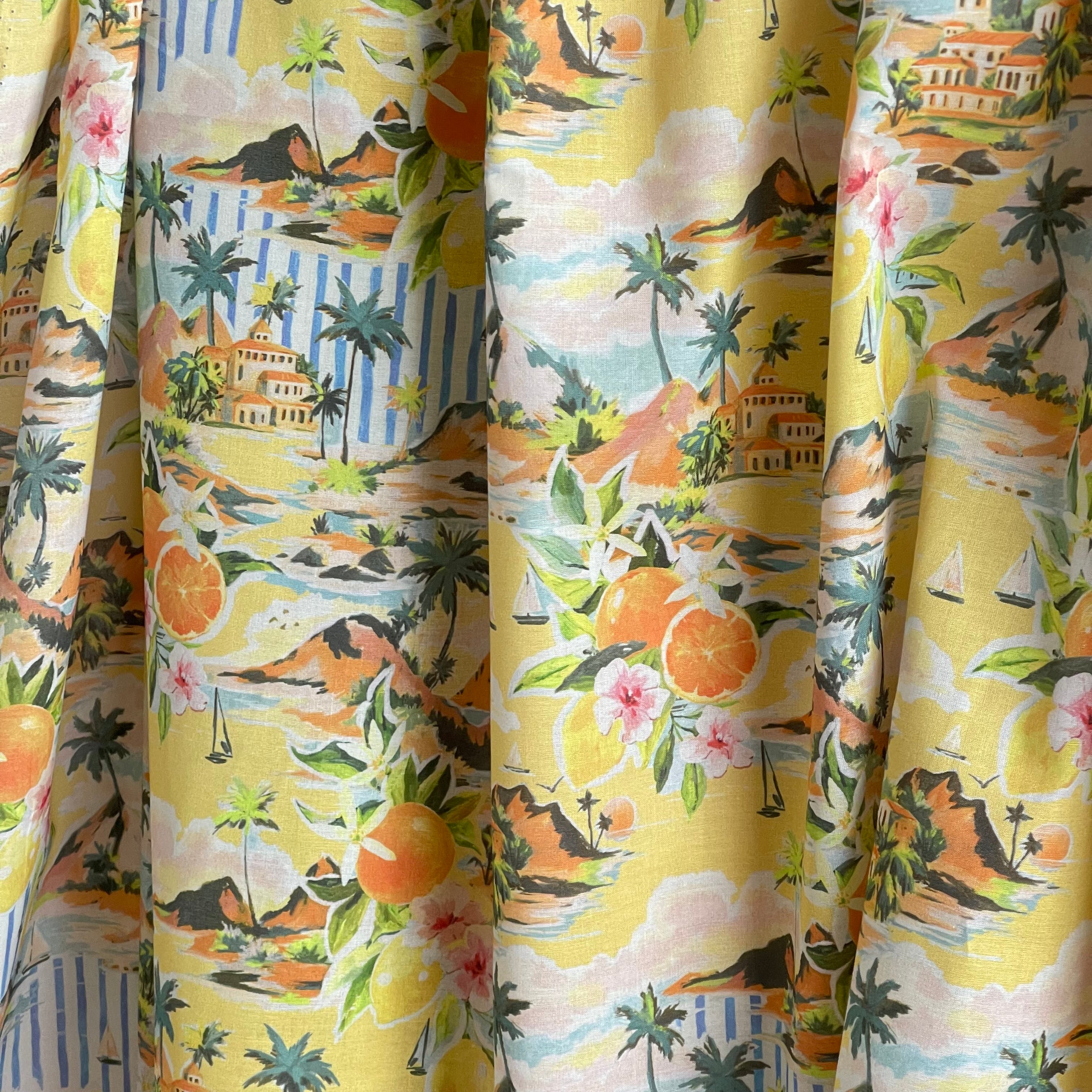 Mediterranean Landscape Yellow Cotton Voile Fabric