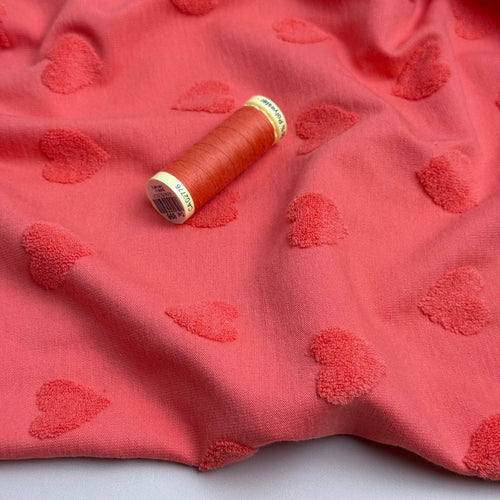 Hearts Cotton Towelling Jacquard in Coral