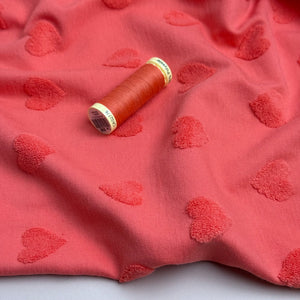 Hearts Cotton Towelling Jacquard in Coral
