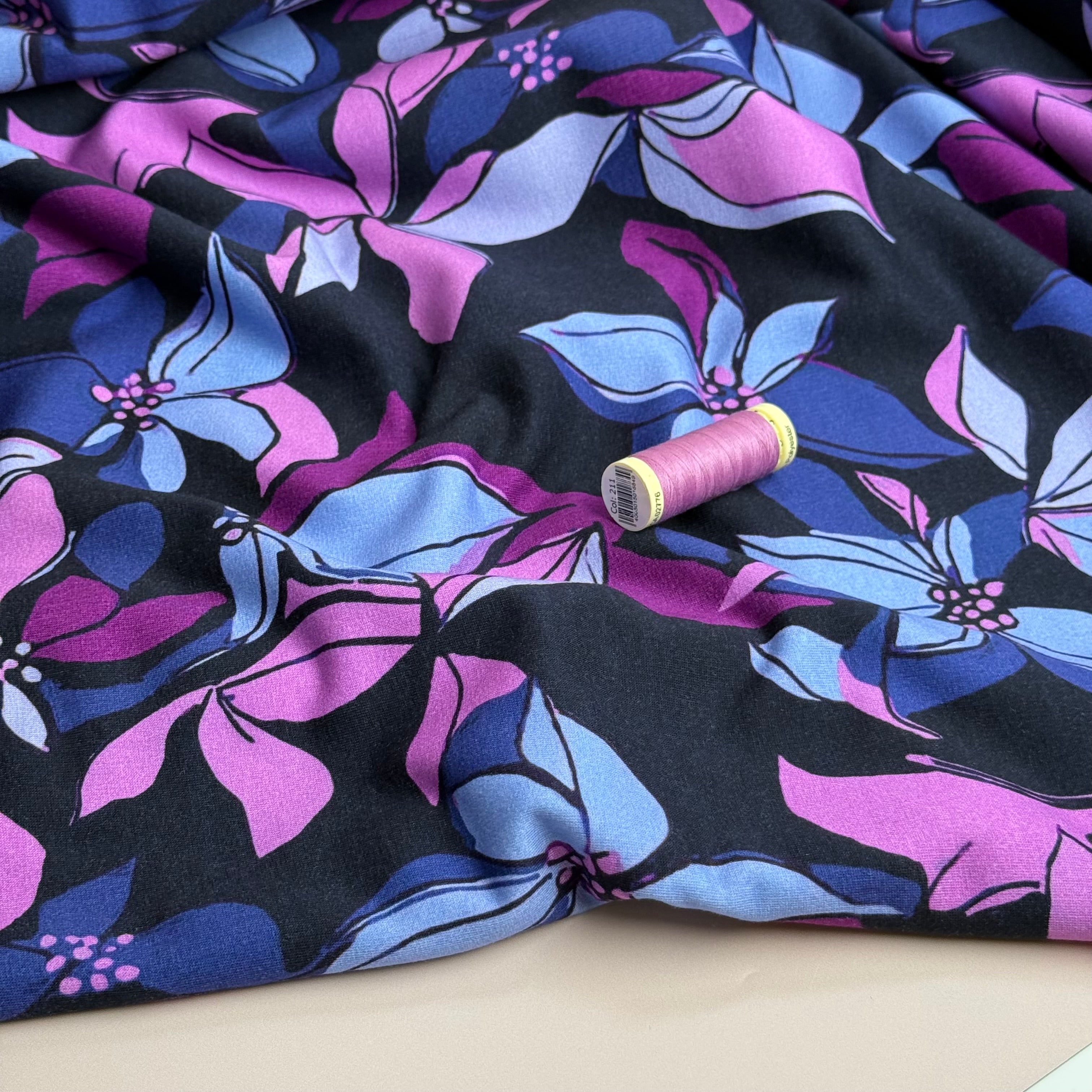 Lilies on Dark Navy Peach Soft Cotton Sweat-shirting Fabric