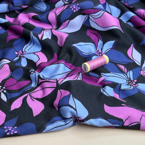 Lilies on Dark Navy Peach Soft Cotton Sweat-shirting Fabric