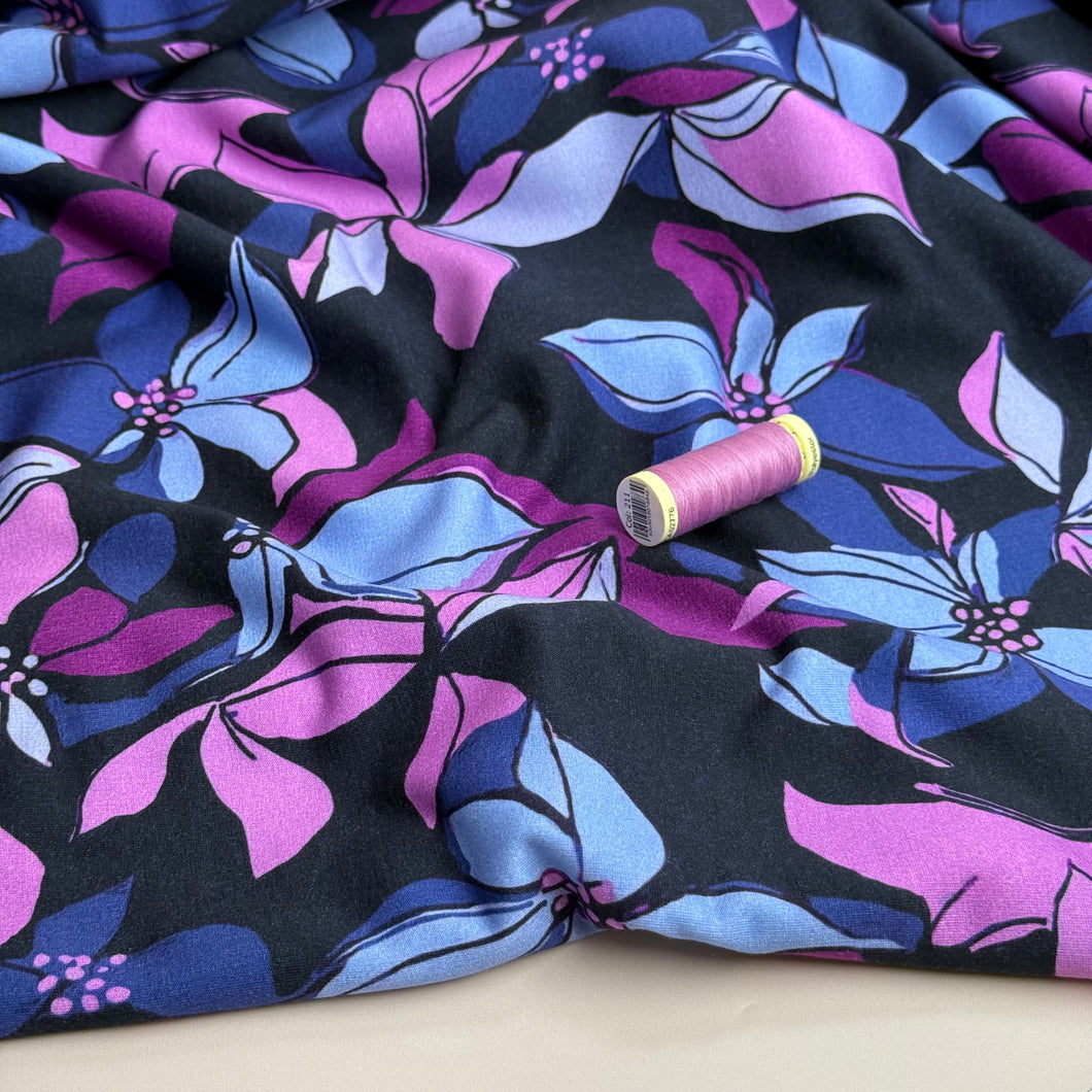Lilies on Dark Navy Peach Soft Cotton Sweat-shirting Fabric