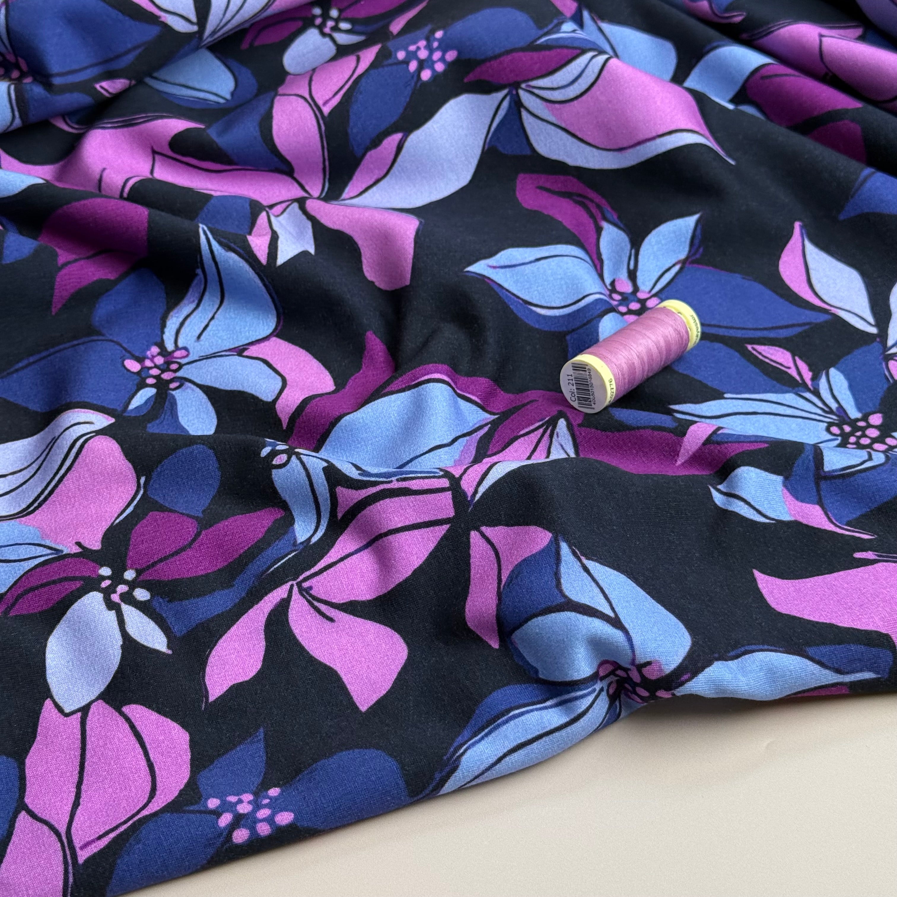 Lilies on Dark Navy Peach Soft Cotton Sweat-shirting Fabric