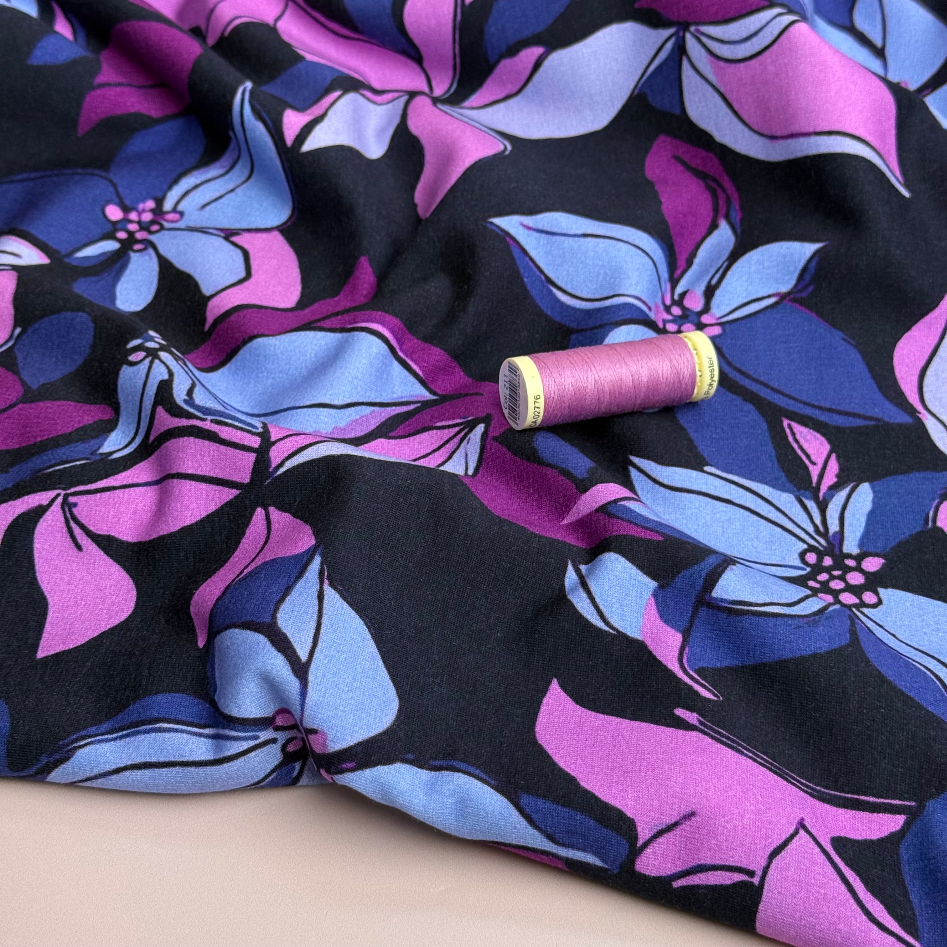 Lilies on Dark Navy Peach Soft Cotton Sweat-shirting Fabric