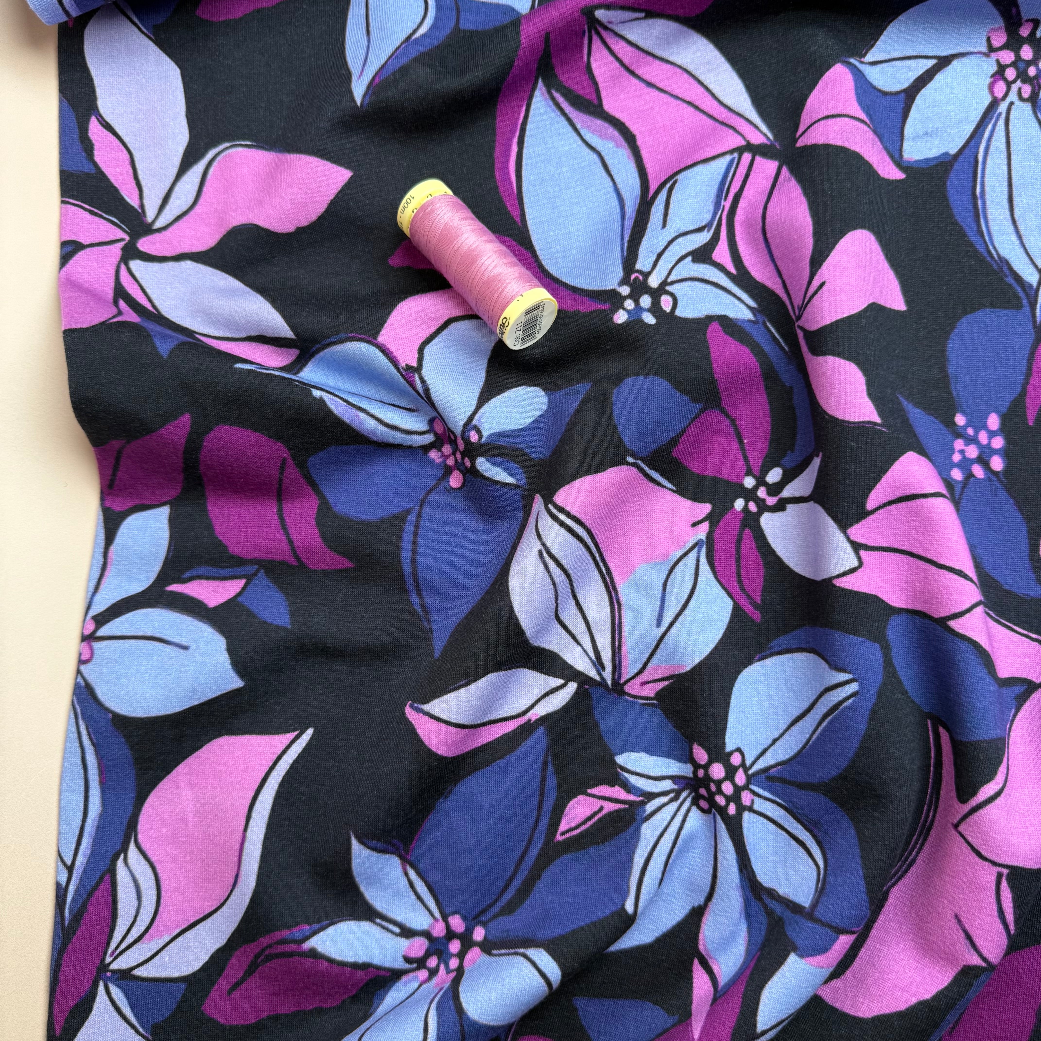 Lilies on Dark Navy Peach Soft Cotton Sweat-shirting Fabric