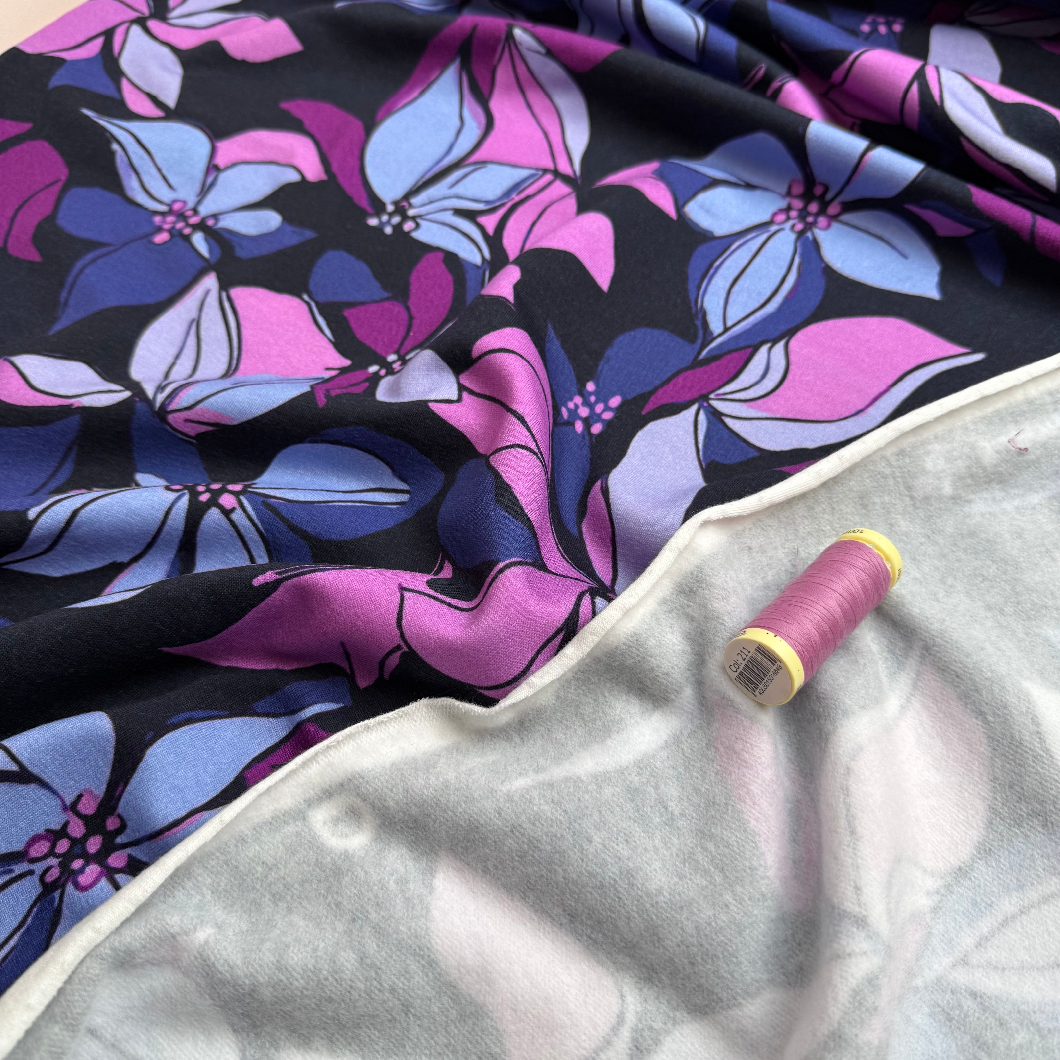Lilies on Dark Navy Peach Soft Cotton Sweat-shirting Fabric