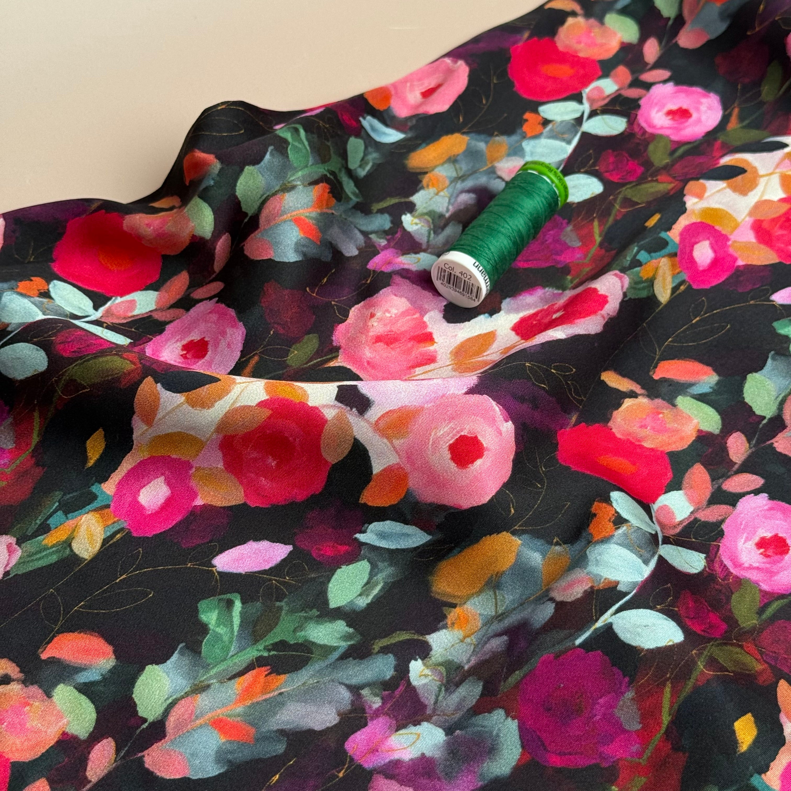 Painted Roses Viscose Sateen Fabric