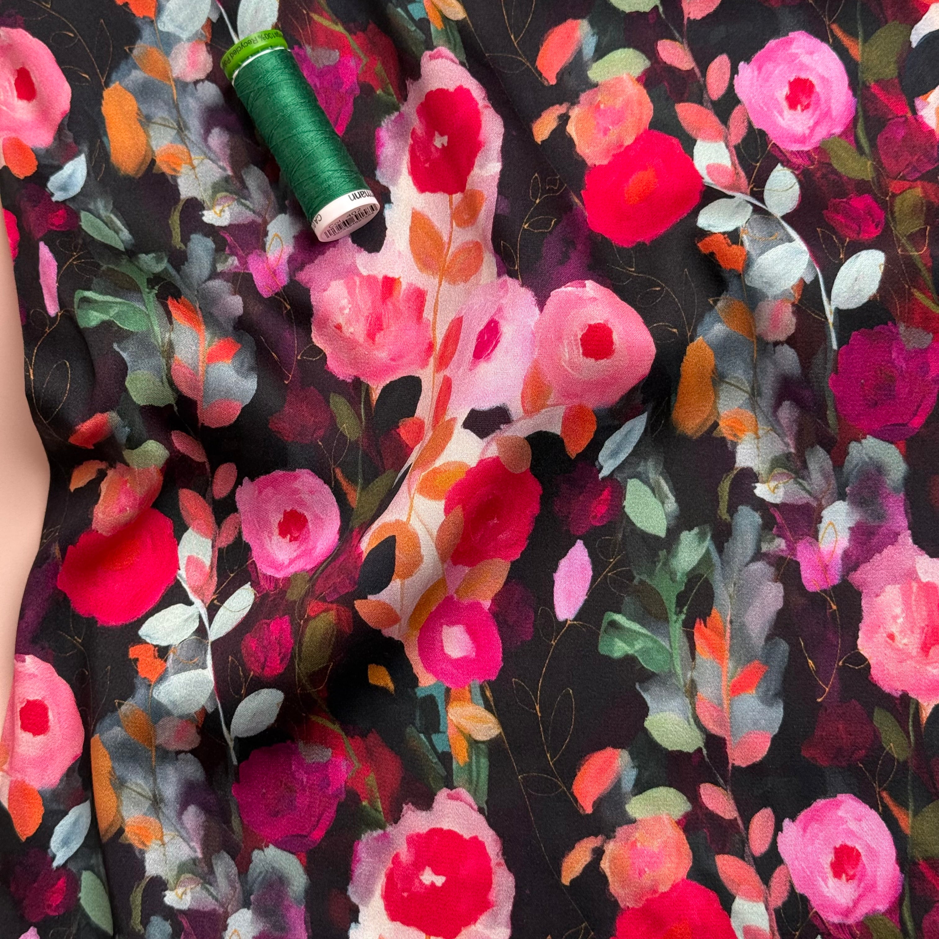 Painted Roses Viscose Sateen Fabric