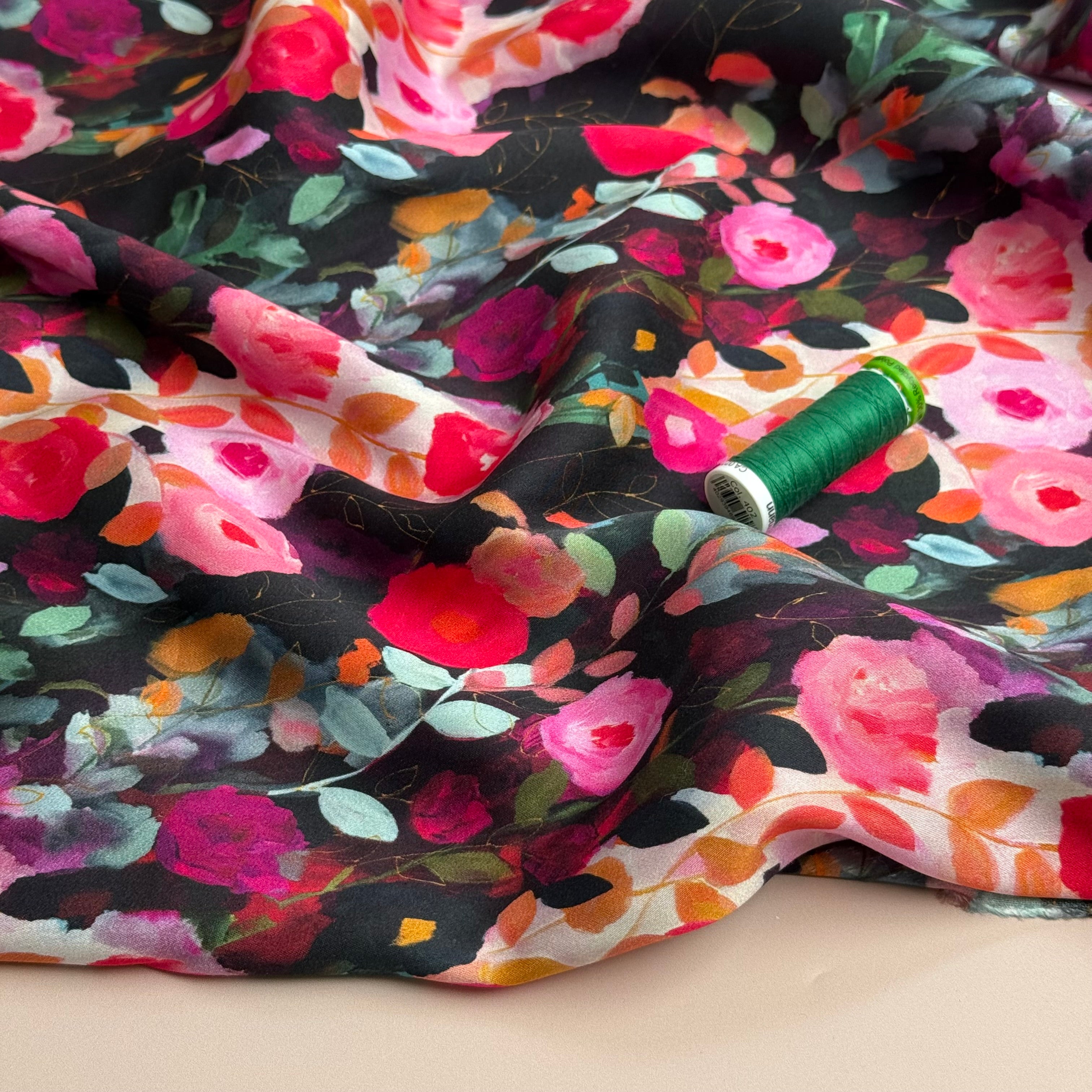Painted Roses Viscose Sateen Fabric