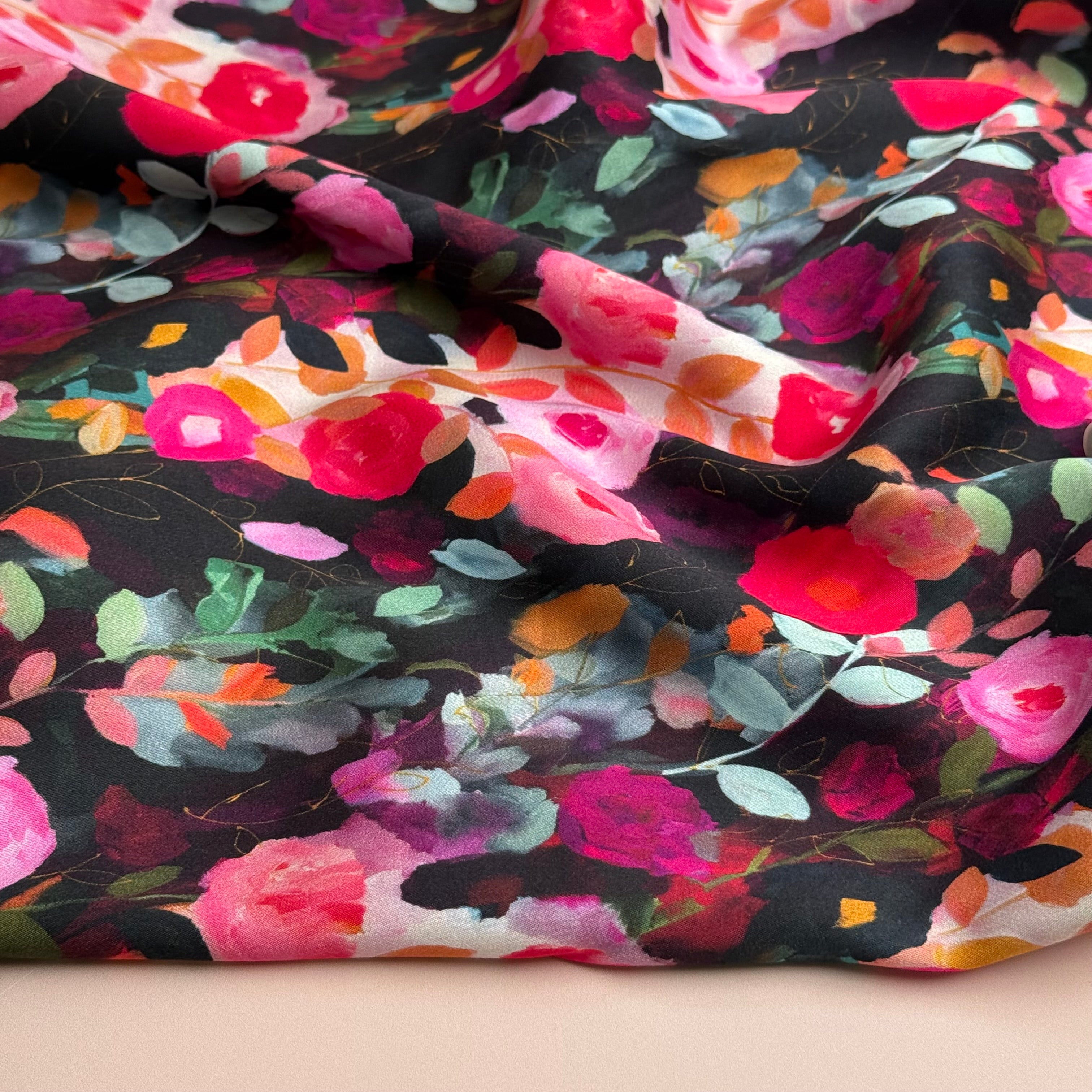Painted Roses Viscose Sateen Fabric