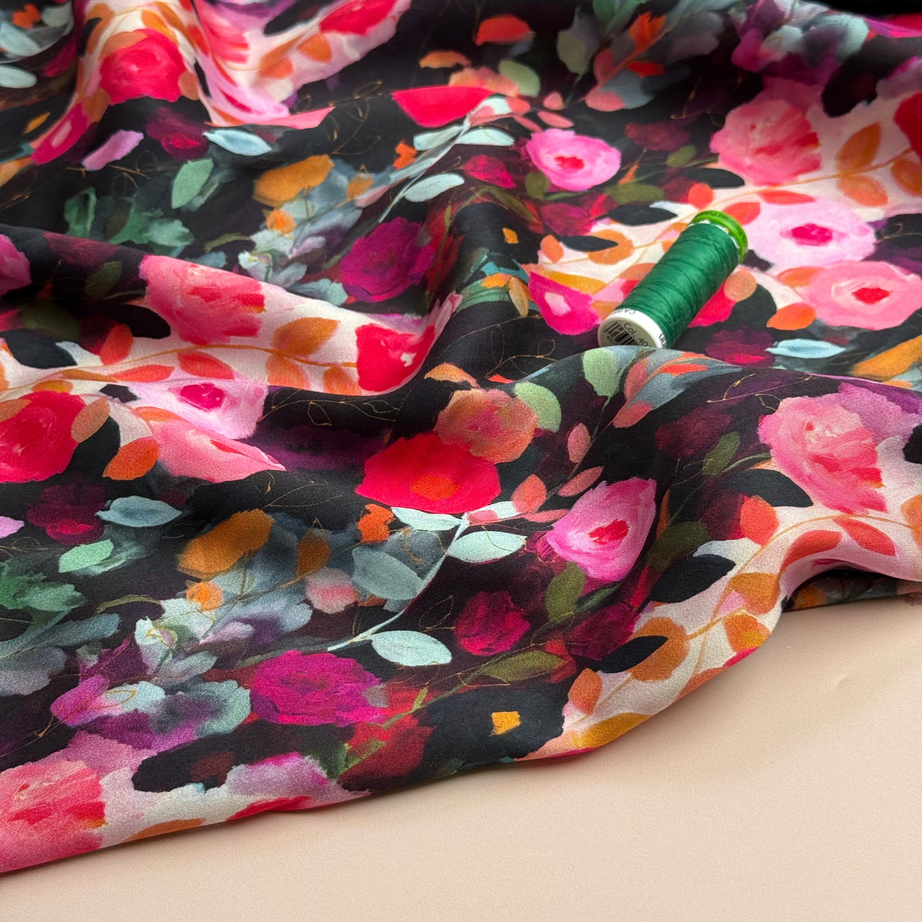 Painted Roses Viscose Sateen Fabric