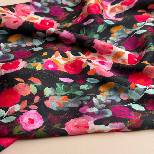 Painted Roses Viscose Sateen Fabric