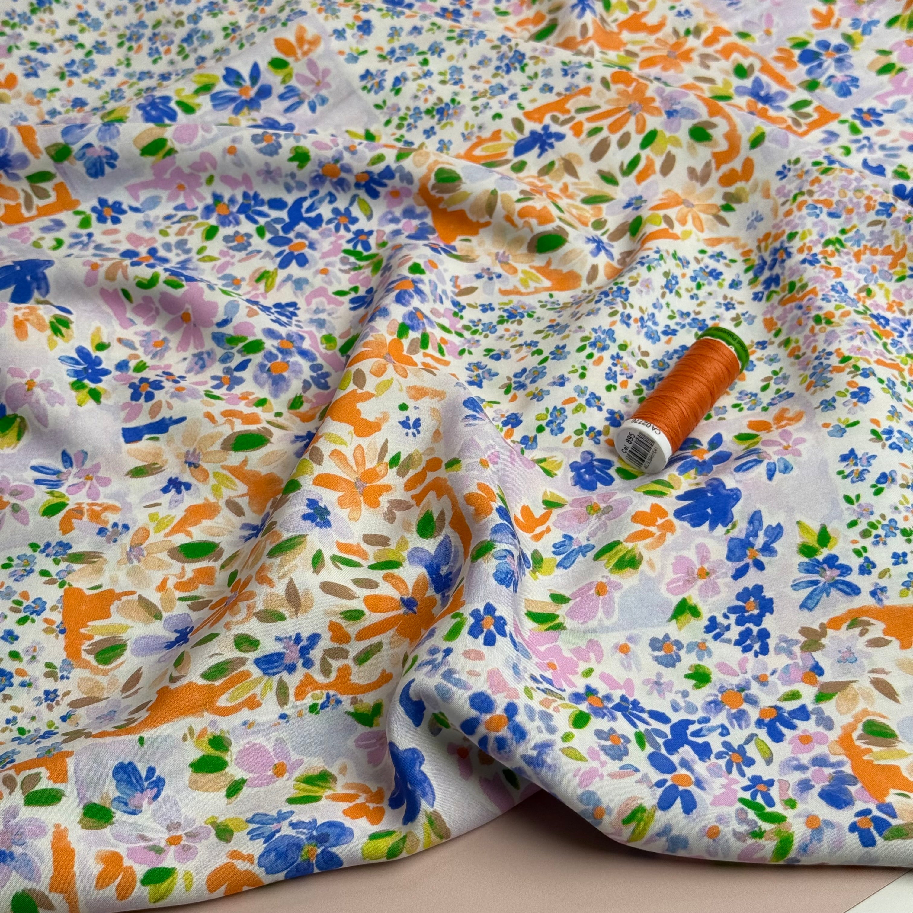 Cottage Garden Blue & Orange Viscose Fabric