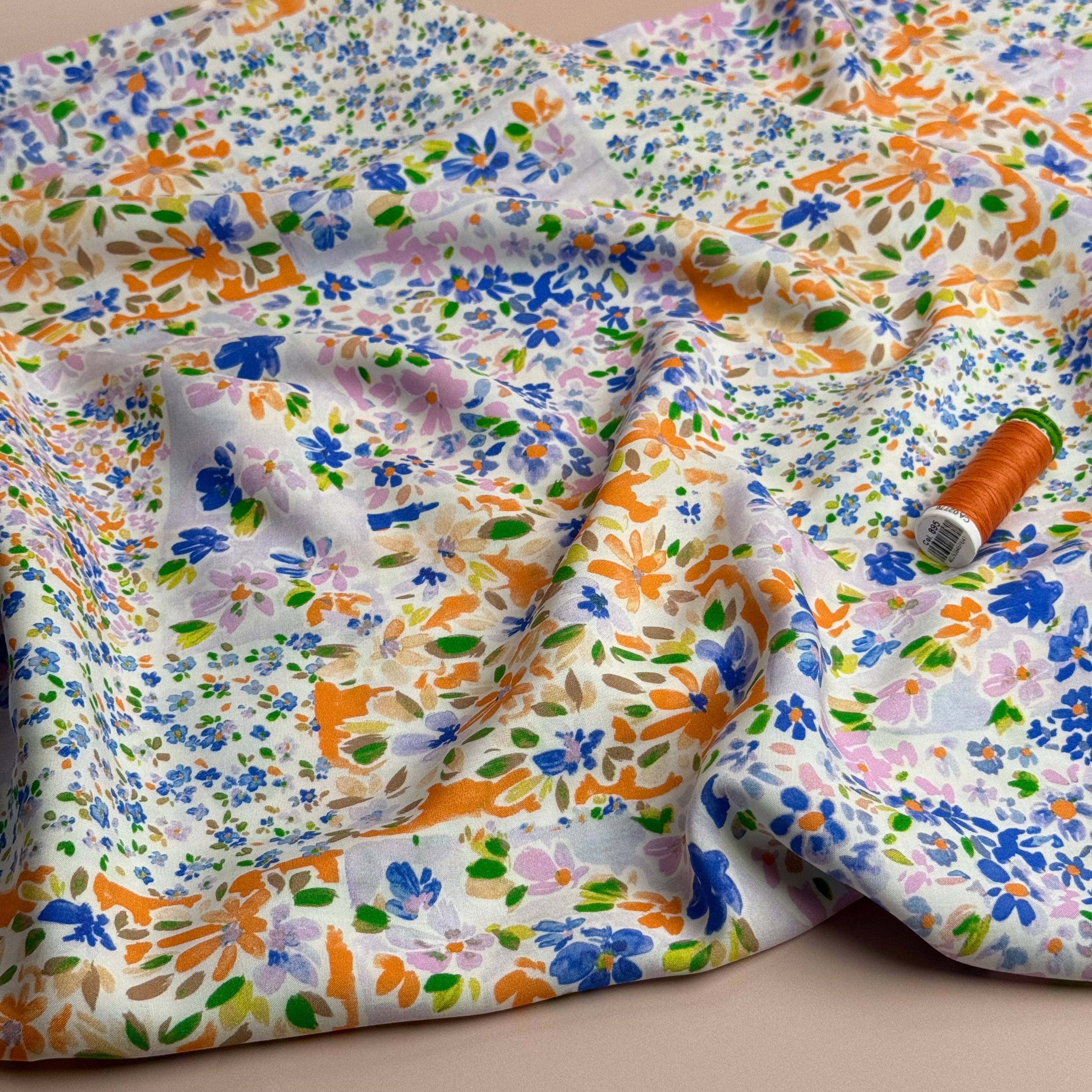 Cottage Garden Blue & Orange Viscose Fabric