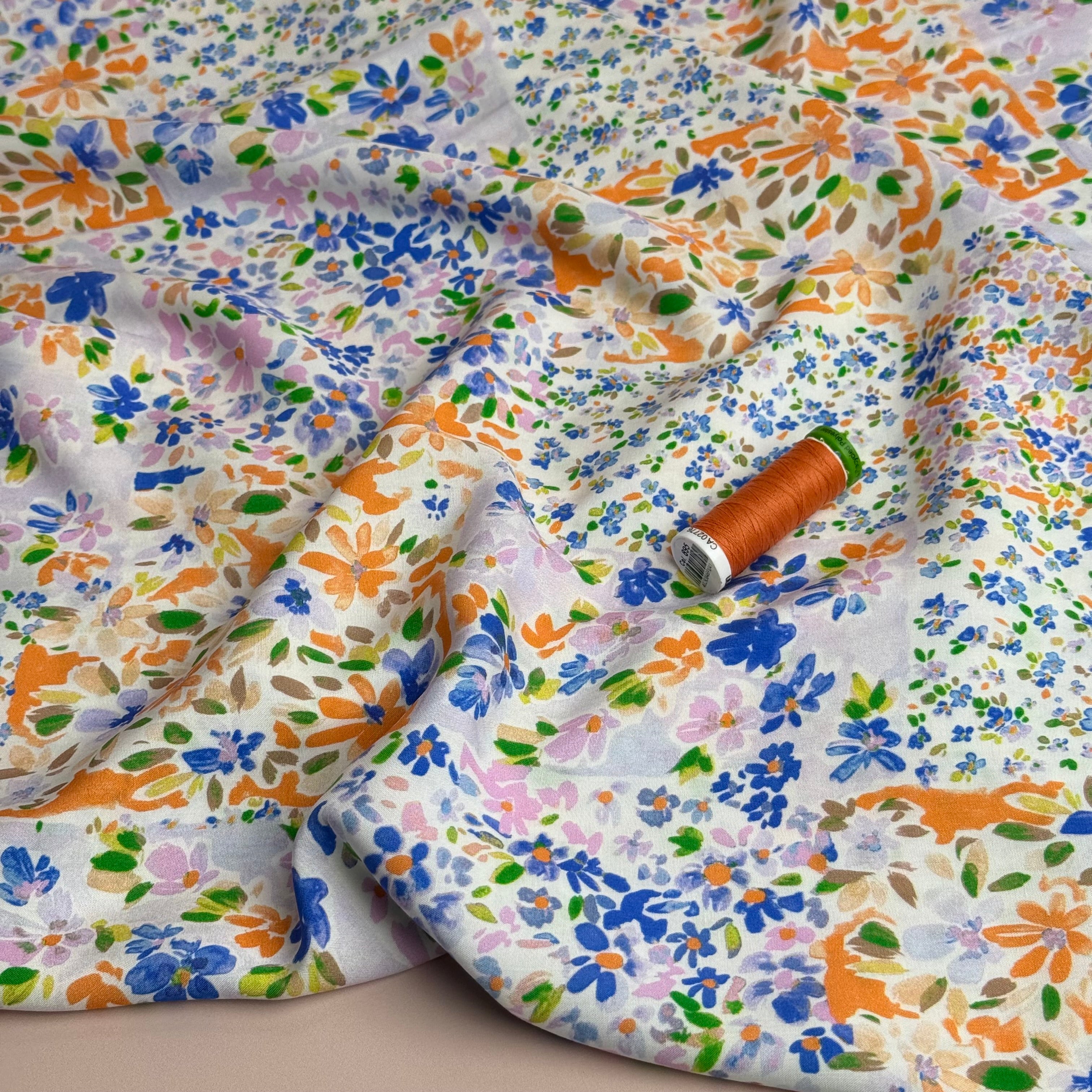 Cottage Garden Blue & Orange Viscose Fabric
